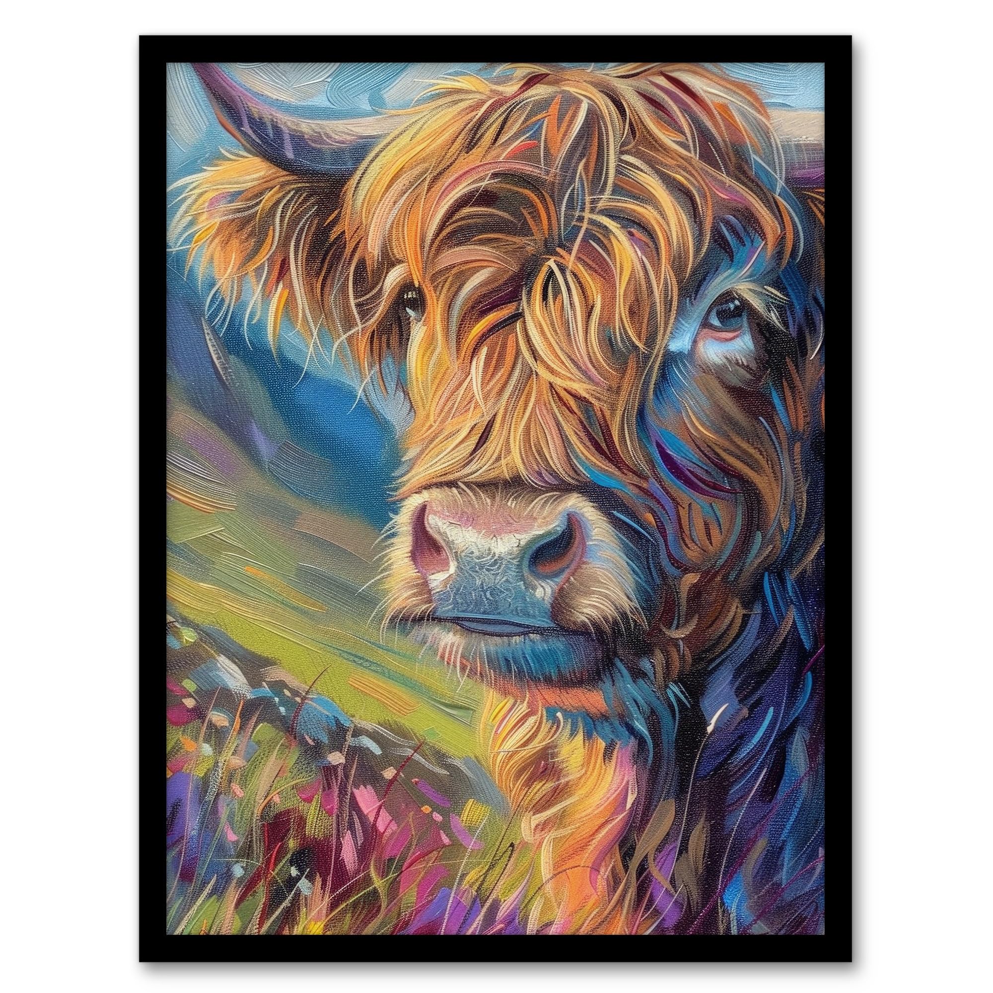 Artery8 Scottish Highland Cow Hairy Coo Oil Painting For Living Room Artwork Framed Wall Art Print A4