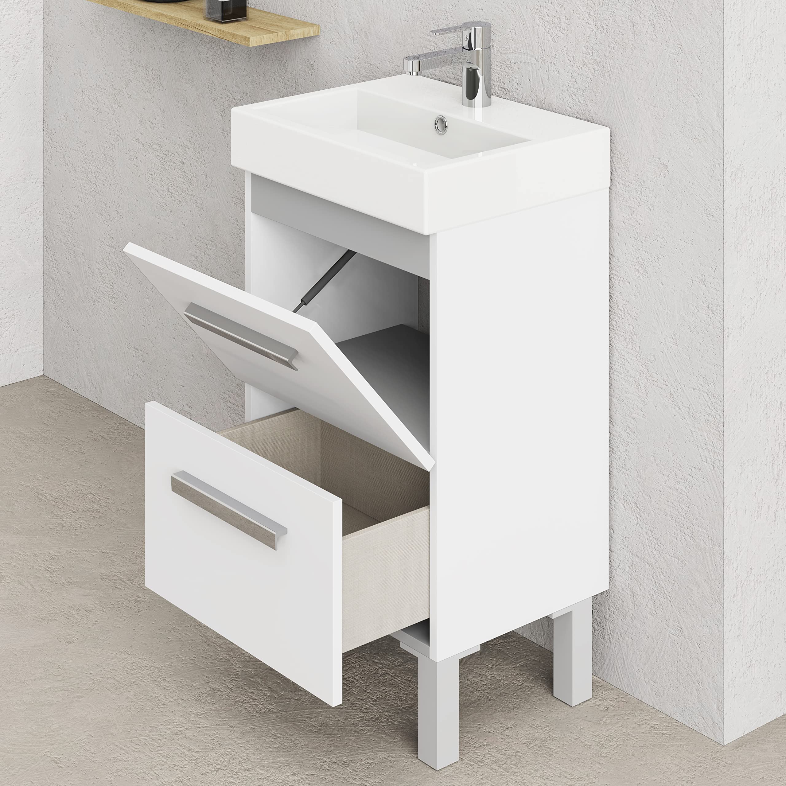 Baikal Conjunto De Mueble De Baño 45cm. Incluye Mueble con Lavabo. Melamina 16mm. Mueble MONTADO. Lavabo Encastrado. con Espejo Puerta Abatible + Cajón Blanco