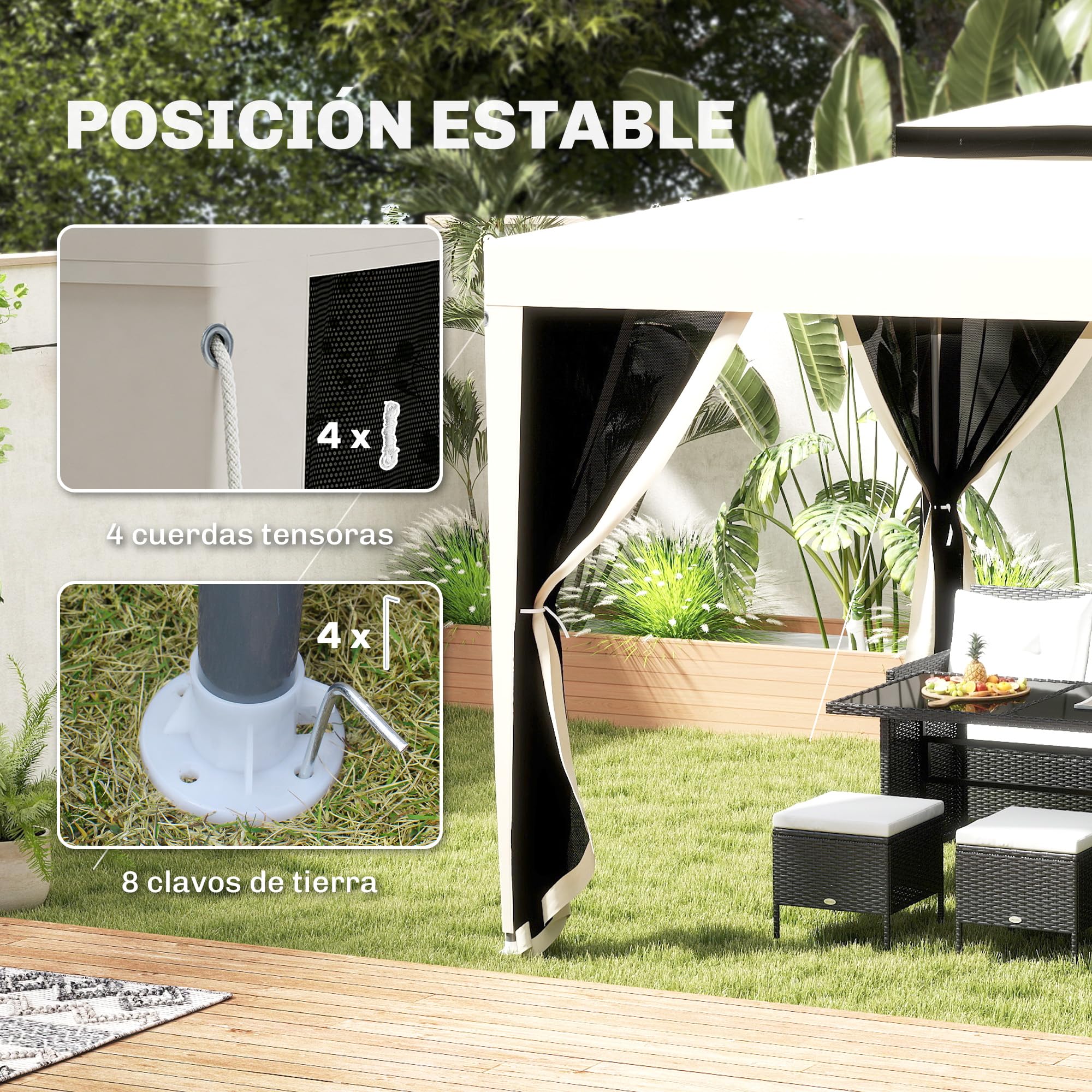 Outsunny Carpa de Jardín 3x3 m Cenador con 4 Mosquiteras Laterales con Cremallera Techo de Ventilación y 8 Orificios de Drenaje Gazebo para Terraza Patio Exterior Beige