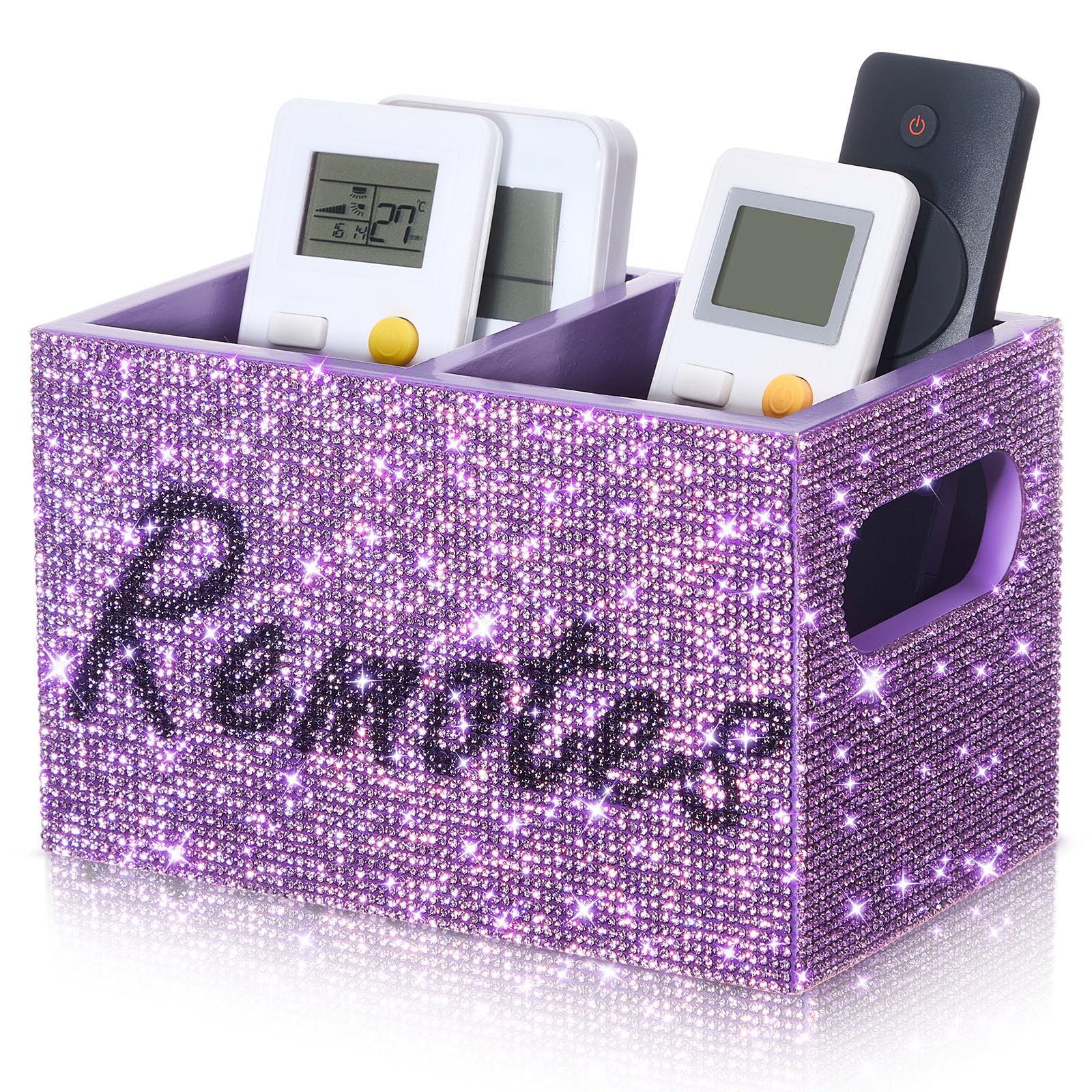 MotiMind Bling Rhinestone Remote Control Holder Crushed Diamond 2 Compartment Decorative TV Remote Caddy Organizer Storage Box Table Nightstand with and Label, Sparkly Gifts for Christmas (Purple)
