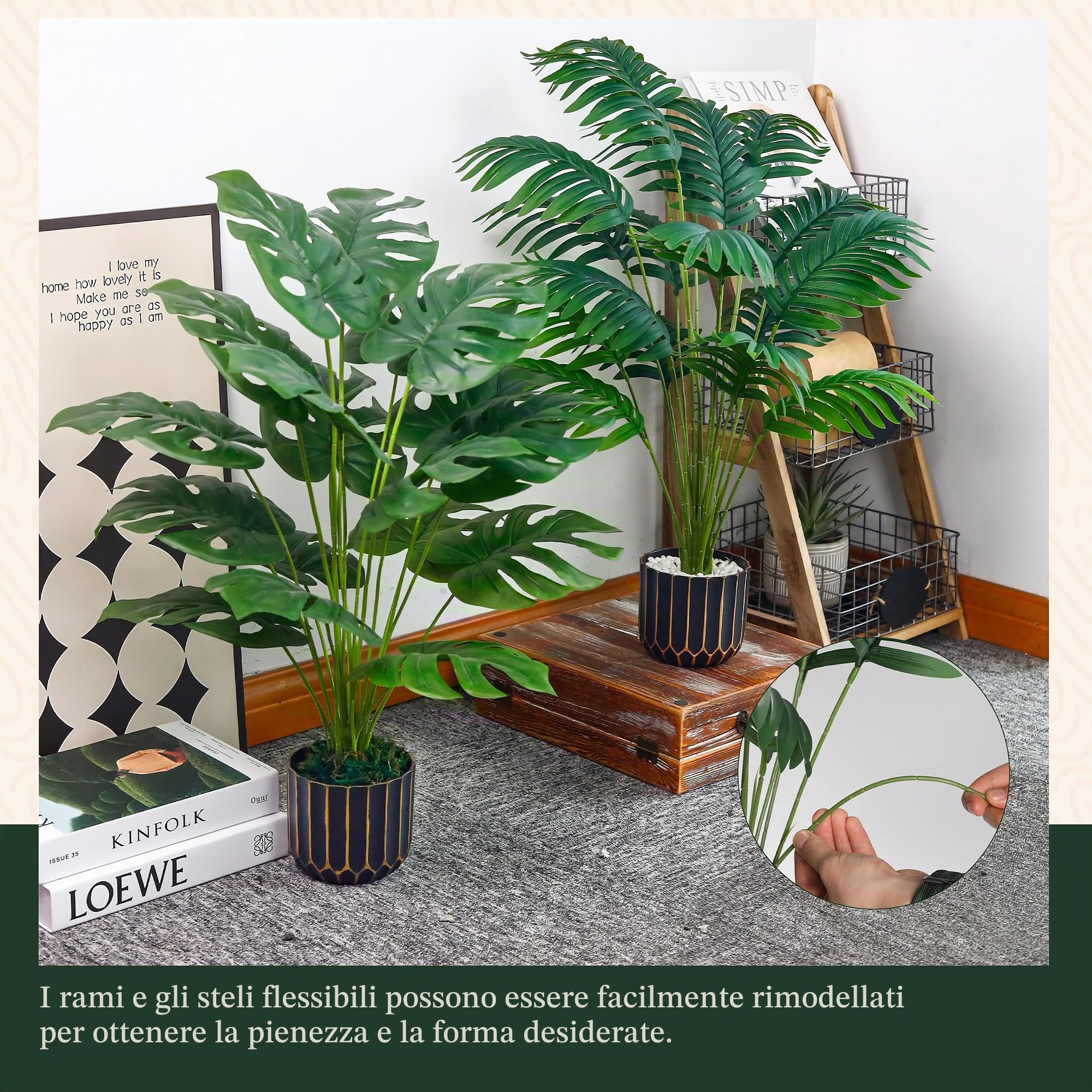 Der Rose - Grande palma artificiale in vaso - Piante Monstera artificiali da interno per casa, portico, terrazzo, soggiorno, bagno, decorazione esterna