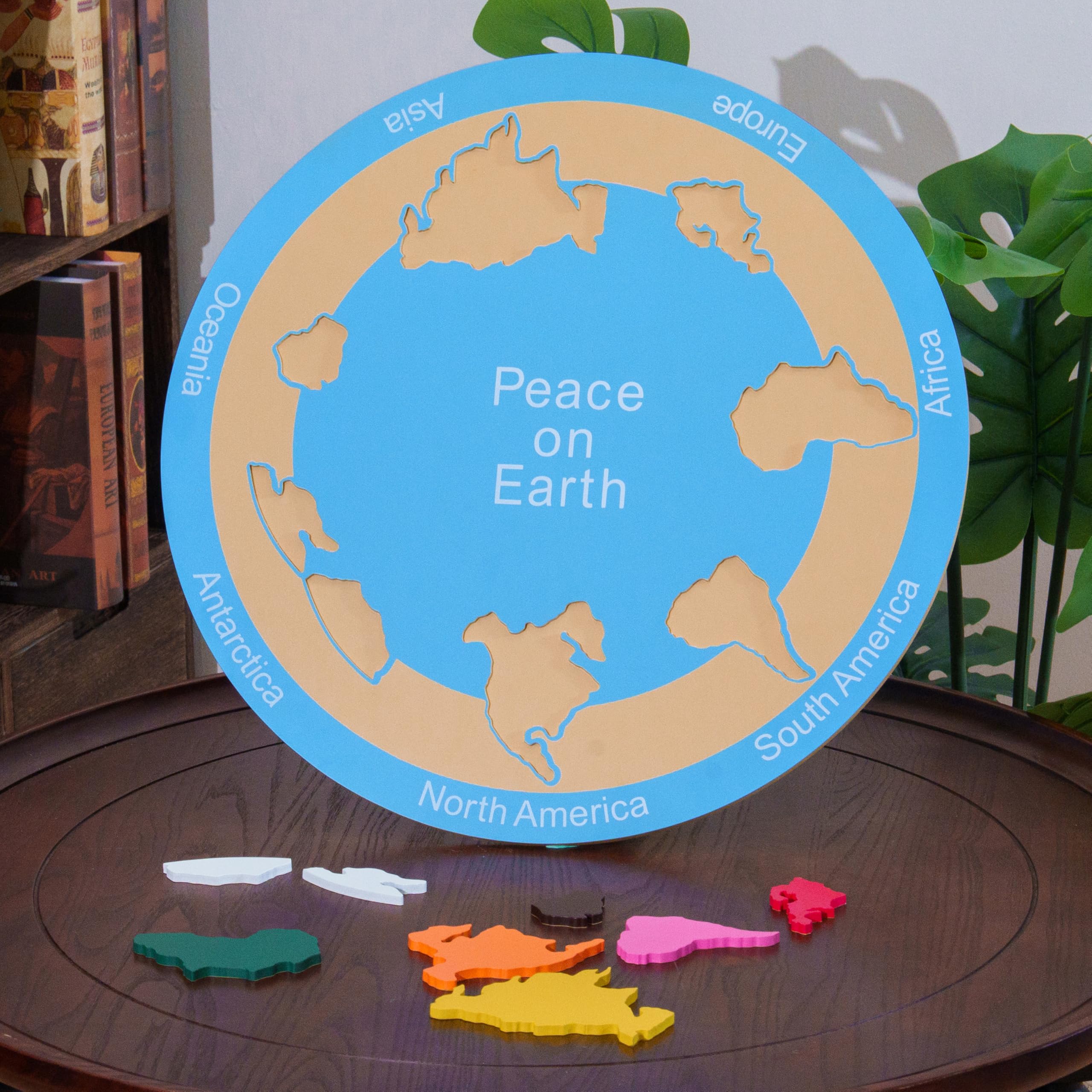 Premium Montessori Seven Continents Plate – 19.2" Round World Puzzle with 7 Solid Beechwood Pieces, Peace on Earth Geography Learning Toy for Kids 3-6, Homeschool & Preschool Classroom