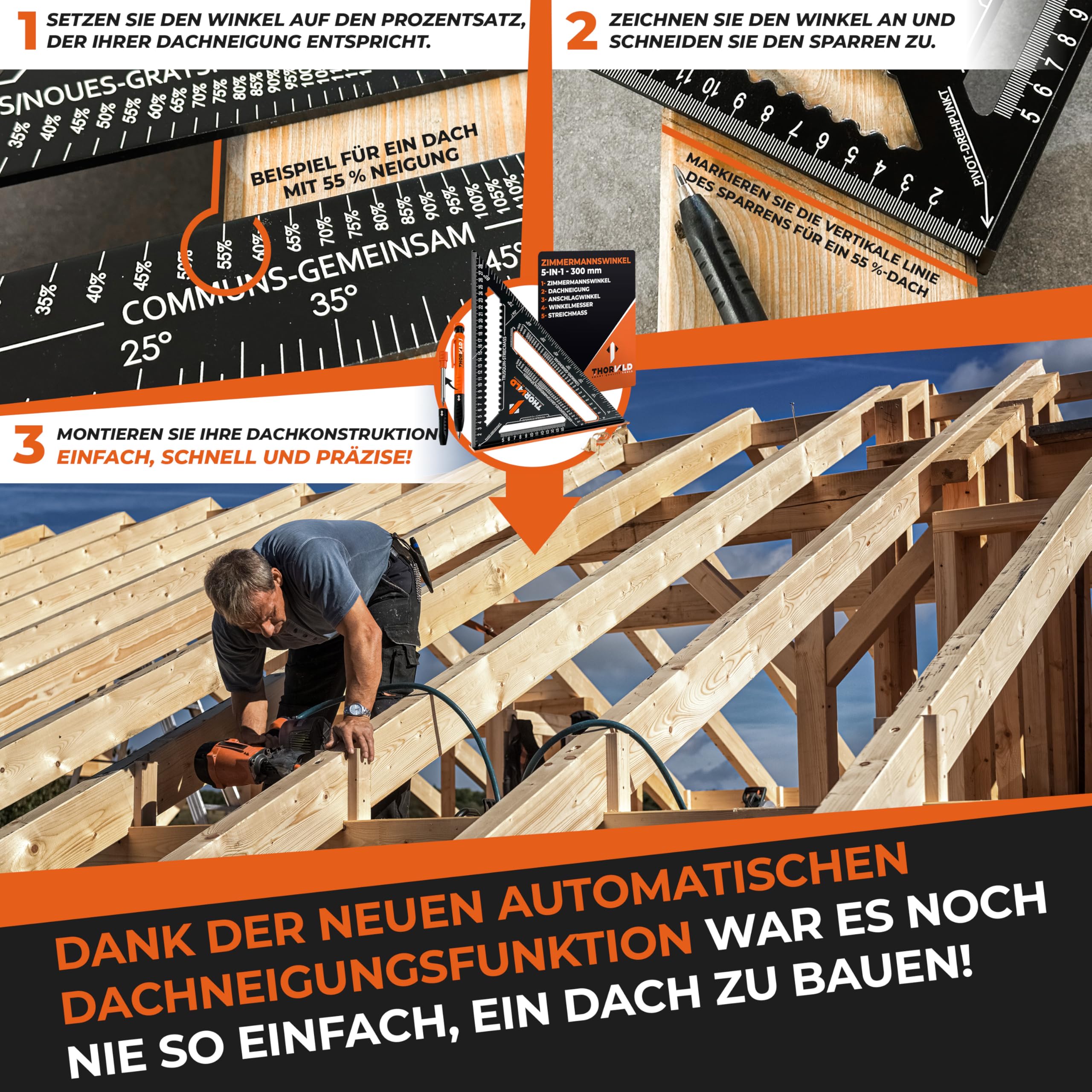 THORVALD Zimmermannswinkel 7-in-1 Set 300 mm + 180 mm Winkelmesser Anschlagwinkel - Inkl. Tieflochmarker - Aluminiumwinkel zum präzisen Anreißen & Zeichnen/Multifunktional Perfekt um Zeit zu sparen