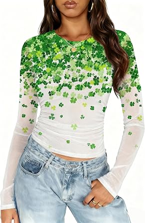 Womens Mesh Long Sleeve St Patricks Day Tops See Through St Pattys Shirt Round Neck Y2k Shamrock Clover Graphic Tees
