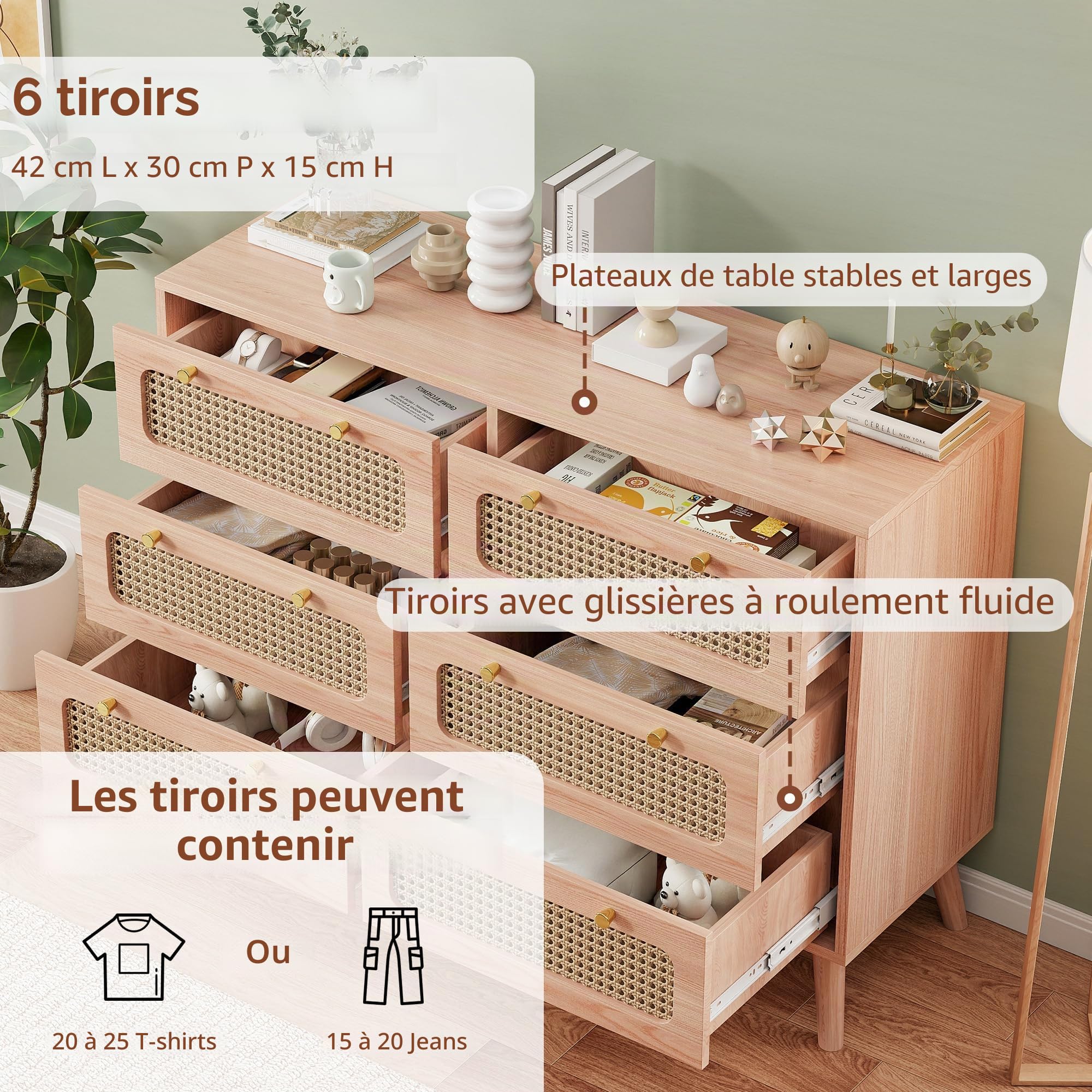 BestAlice Rotin Commode avec 6 tiroirs, Commode 6 tiroirs Meuble de Rangement, Commode Chambre 100 x 34 x 73 cm Commode avec, Meuble de Rangement pour Chambre Salon (6 Tiroirs)