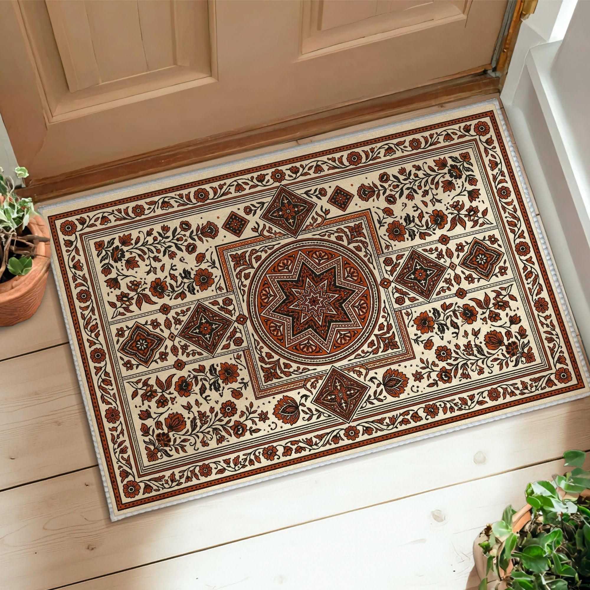 Tapis traditionnel fleuri et diamant 60x90 cm à poils bas pour entrée et cuisine