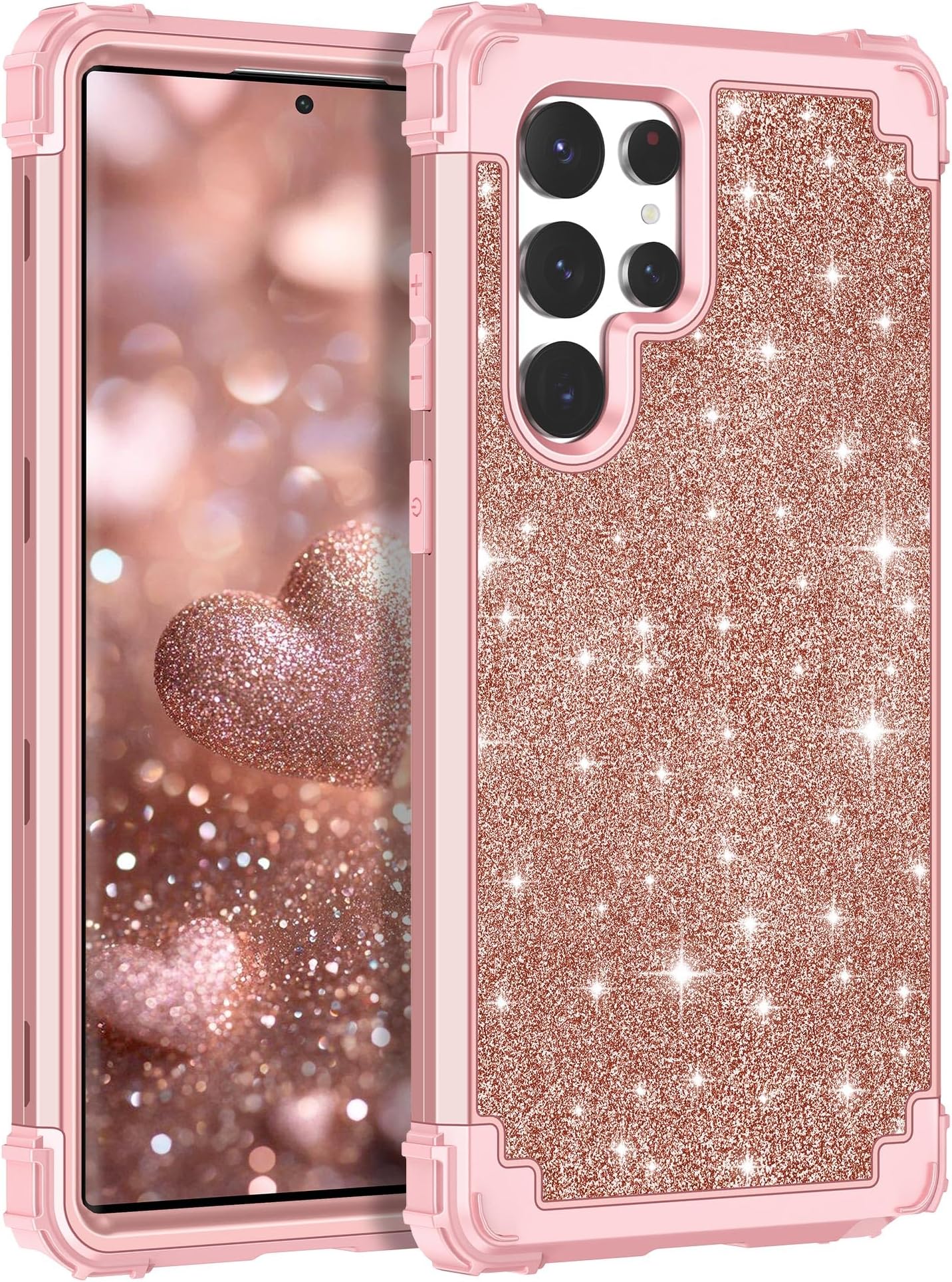 LONTECT for Galaxy S22 Ultra 5G Case Three-Layer Shockproof Heavy Duty Hybrid Sturdy High Impact Protective Cover Glitter Sparkly Bling Case for Samsung Galaxy S22 Ultra 5G 6.8 2022,Shiny Rose Gold