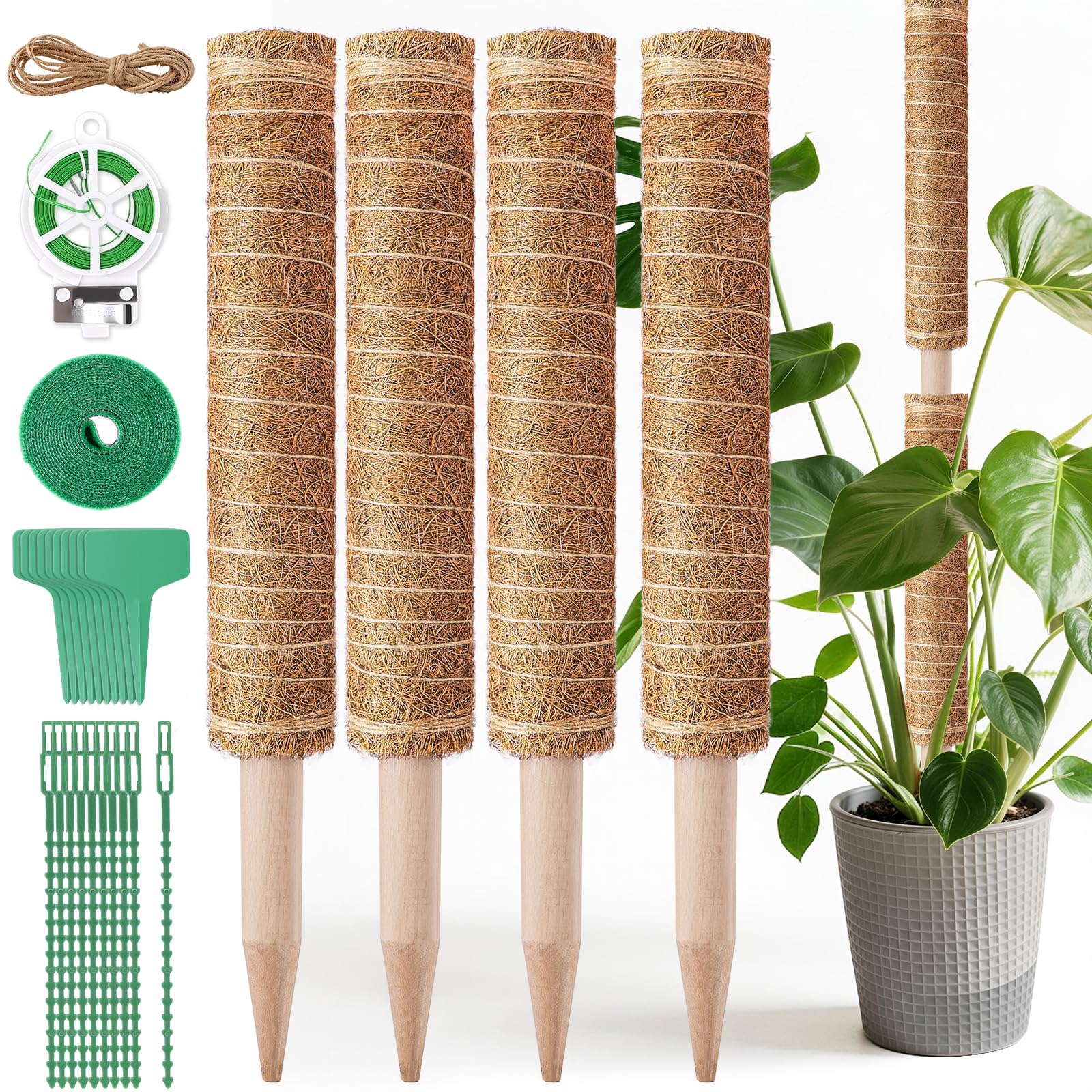 Yirilan Moss Pole for Monstera, 4Pcs 16 Inch Stackable Coir Plant Support, Extendable to 48 Inch, for Climbing Plants, Train Indoor Potted Creepers to Grow Upward