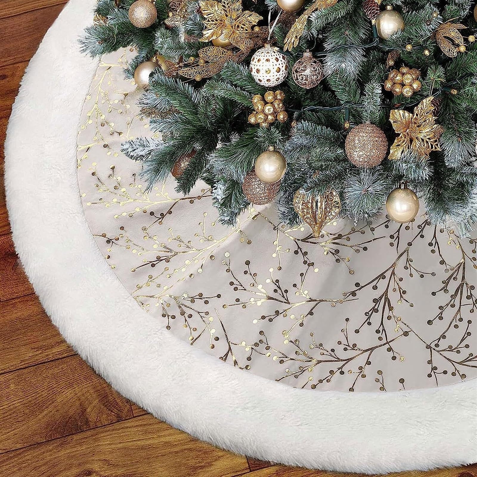 Tappeto Albero di Natale, Gonna per Albero di Natale da 48 Pollici con Bordo in Peluche in Pelliccia Sintetica per Decorazioni per La Casa, Feste Festa Forniture(Gold+White)