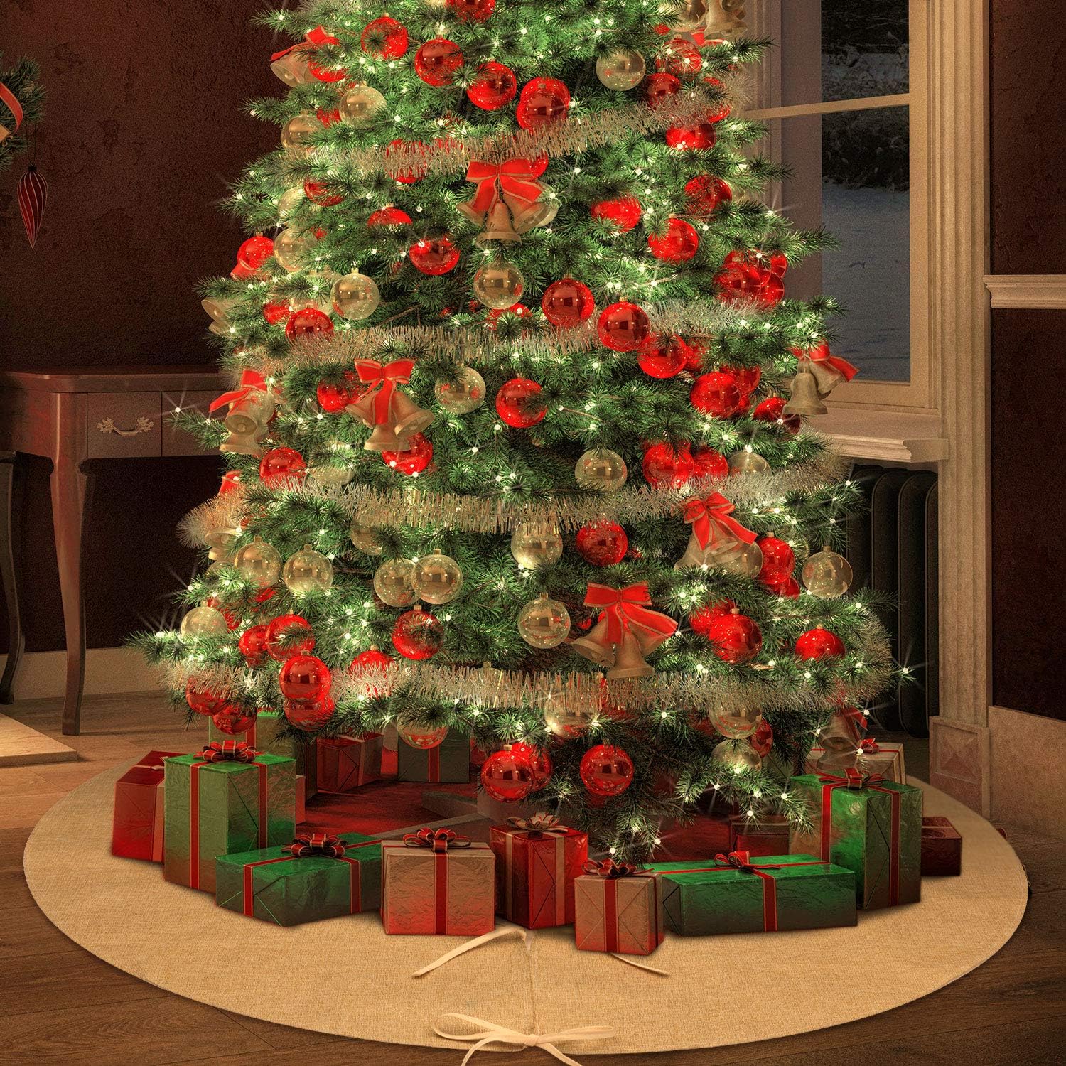Pangda 60 Inch Large Burlap Christmas Tree Skirt Decor Natural Beige Plain Round Xmas Tree Cover Rustic Brown Party Mat for Christmas Fall Indoor Clearance Outdoor Holiday Winter New Year Home Decor