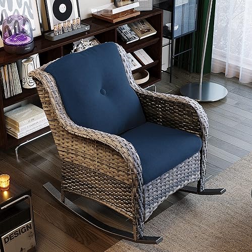 Mecedora de mimbre para patio al aire libre, muebles de mimbre para todo tipo de clima con marco de acero de aleación y cojín de tela de olefina,
