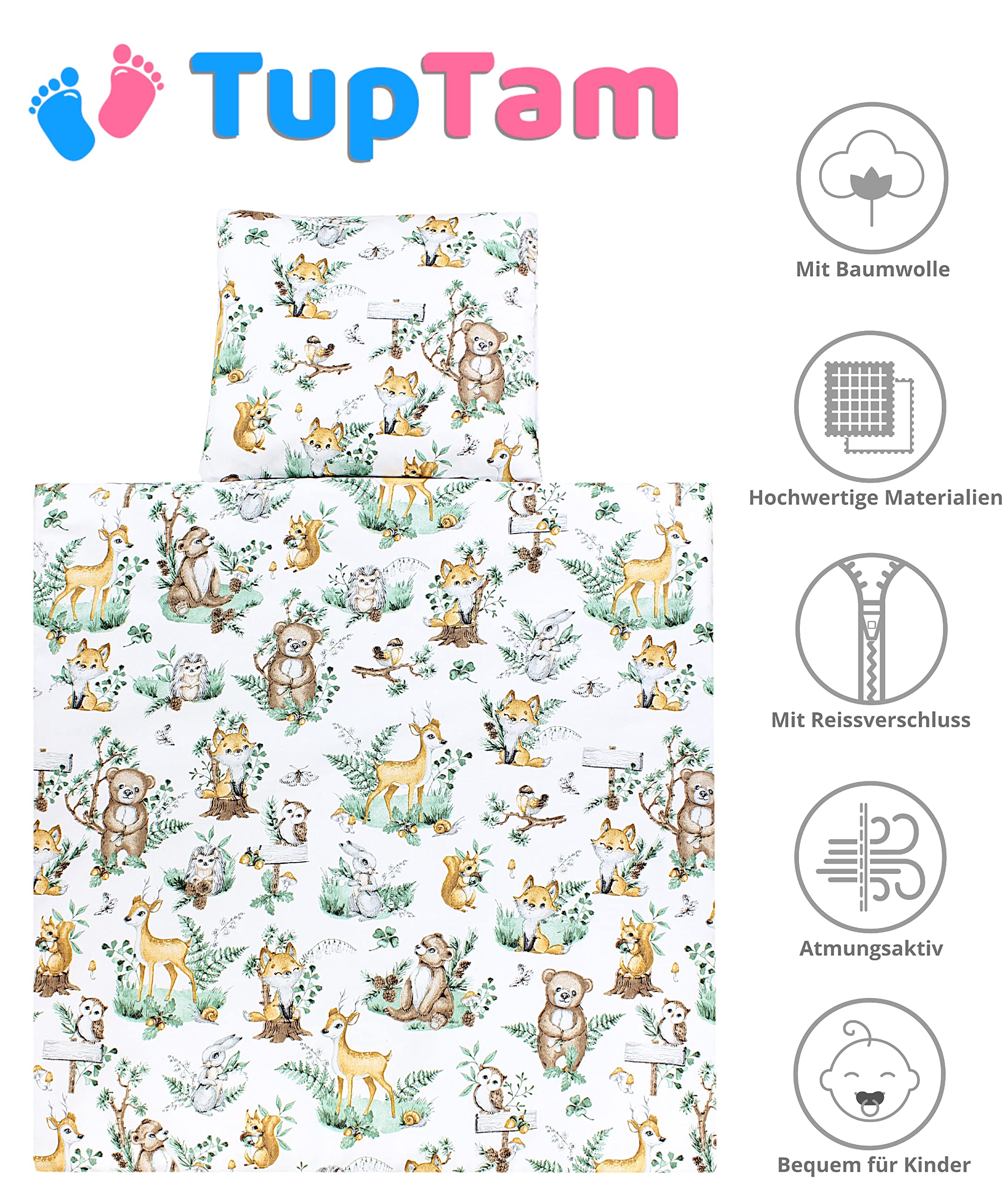 TupTam Biancheria da Letto per Carrozzina e Culla da 4 pezzi, Animali in foglie, 80x80 cm