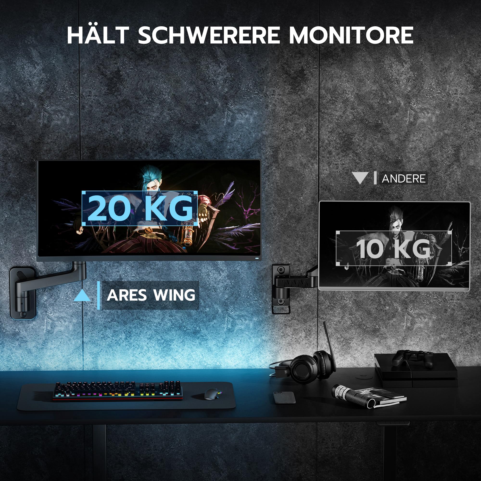 ARES WING Monitor Wandhalterung 1 Monitore für 17-49" Bildschirme, Schwarz | 20kg/Arm, Gasdruckfeder PC Monitor Hatlerung Wand,voll verstellbare Monitor Halterung für Büro&Gaming,VESA 75/100