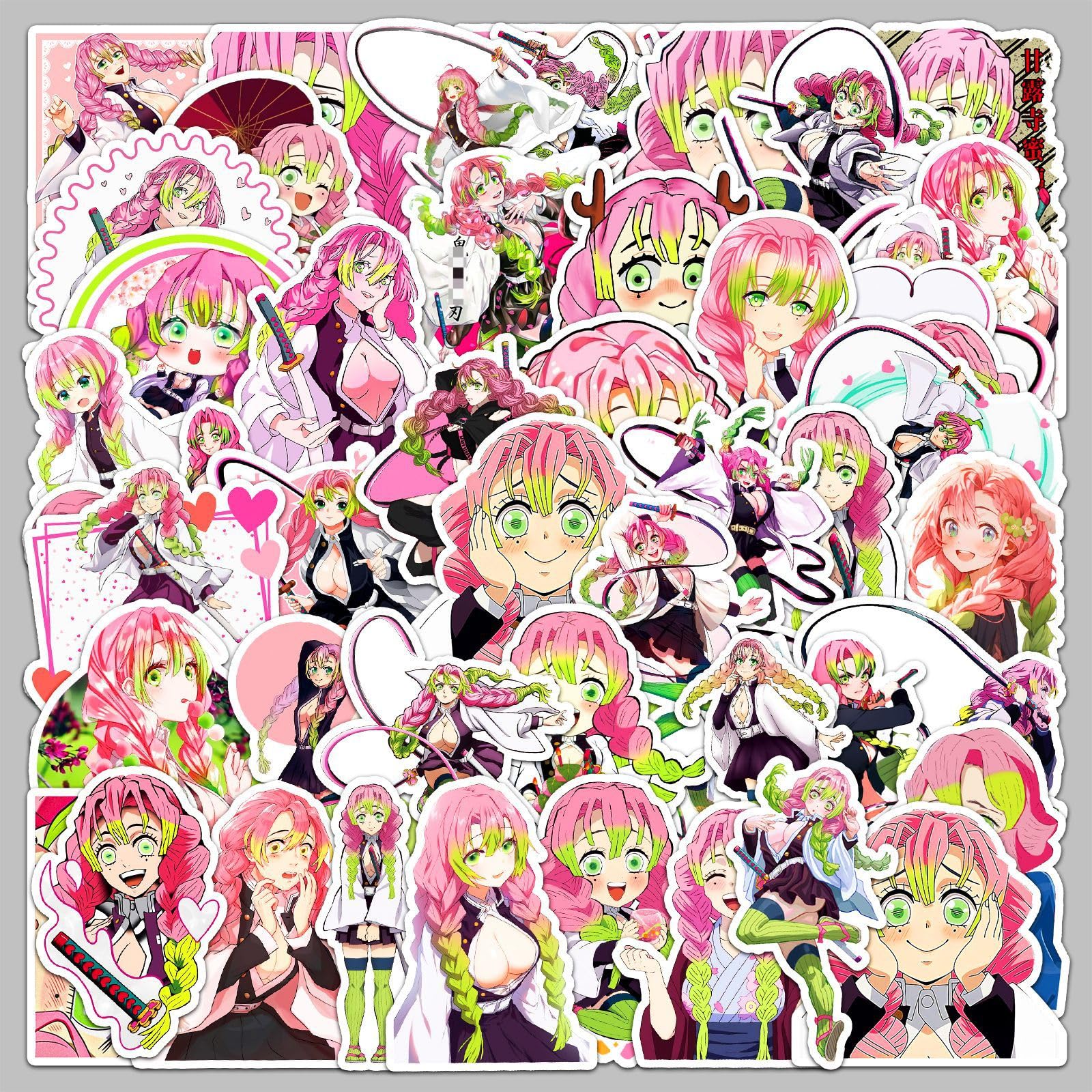 Ghost Killing Sticker Cute Kanroji Mitsuri Graffiti Decals Tokitou Muichirou Figure Stickers for Tablet Skateboard Bike Helmet Guitar Luggage Personalized Decoration 50pcs (A