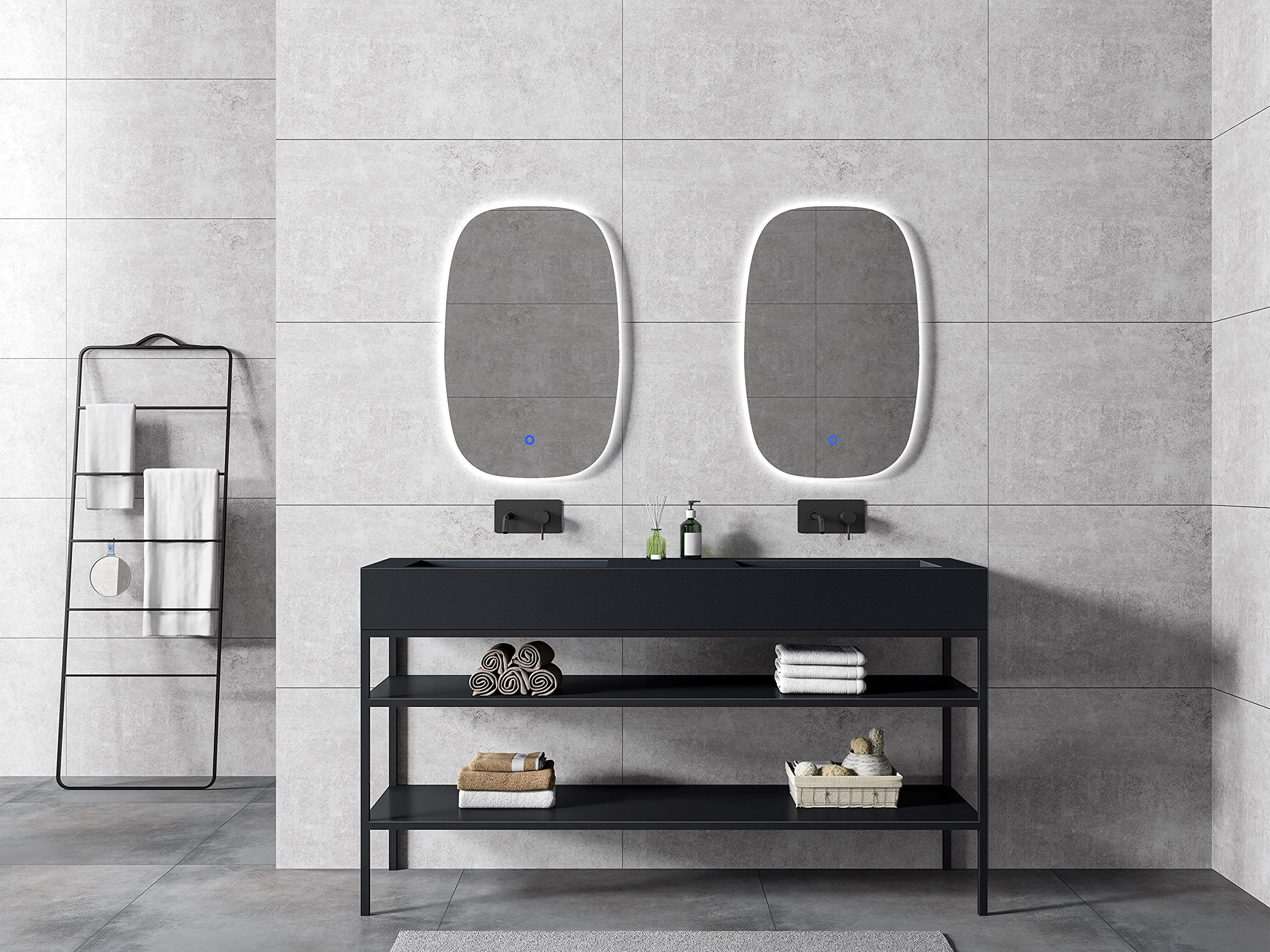 BERNSTEIN - Double Vasque Lavabo Rectangulaire à poser/suspendre Quartz Noir 153x45x15cm fonte minérale Lave main mural + Console métallique sur pieds - Design, Robuste & Durable - TWG16