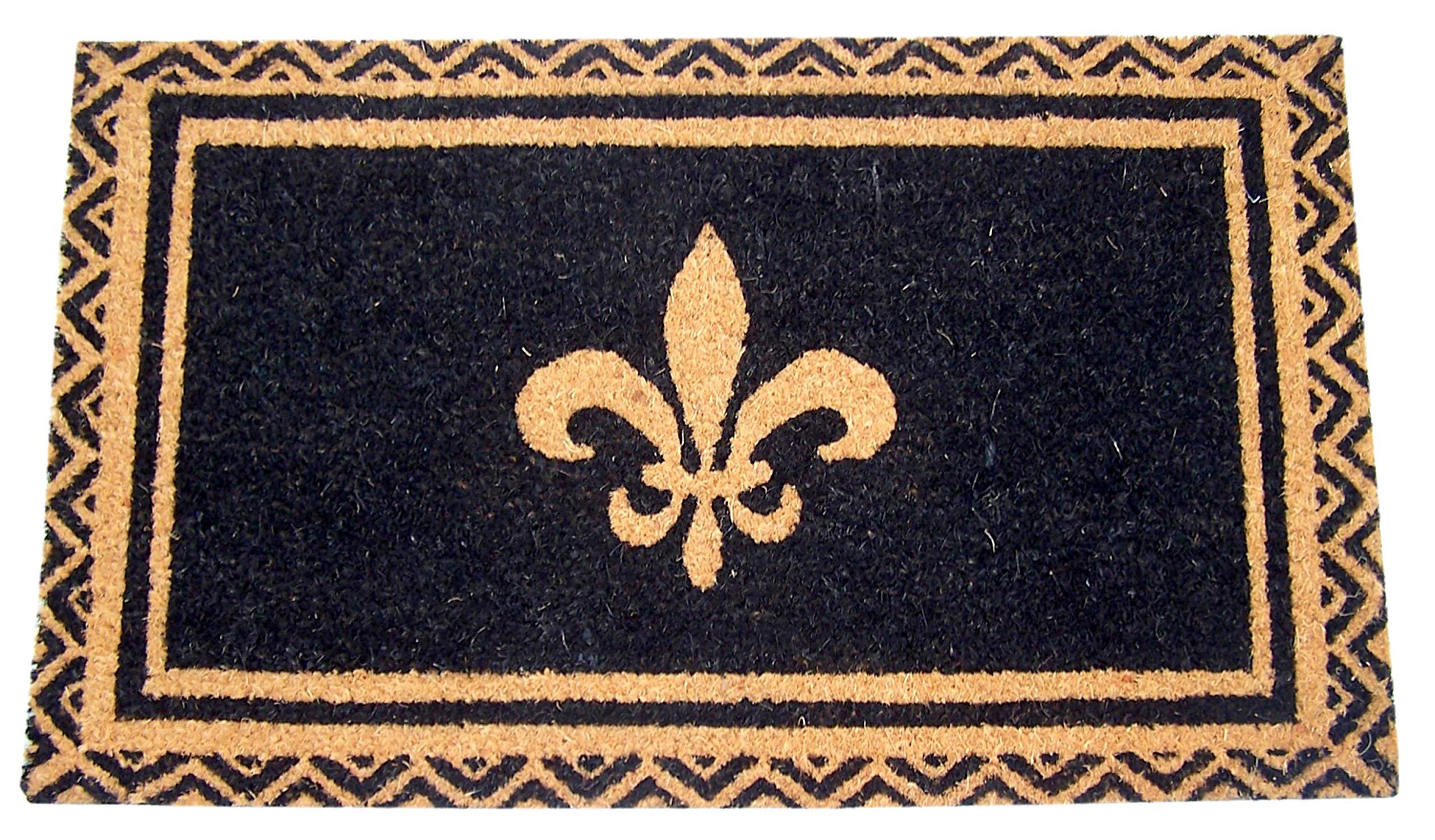 WowserGold Toned Fleur De Lis Designed Coir Door Mat with Black Background, 29.5 Inches