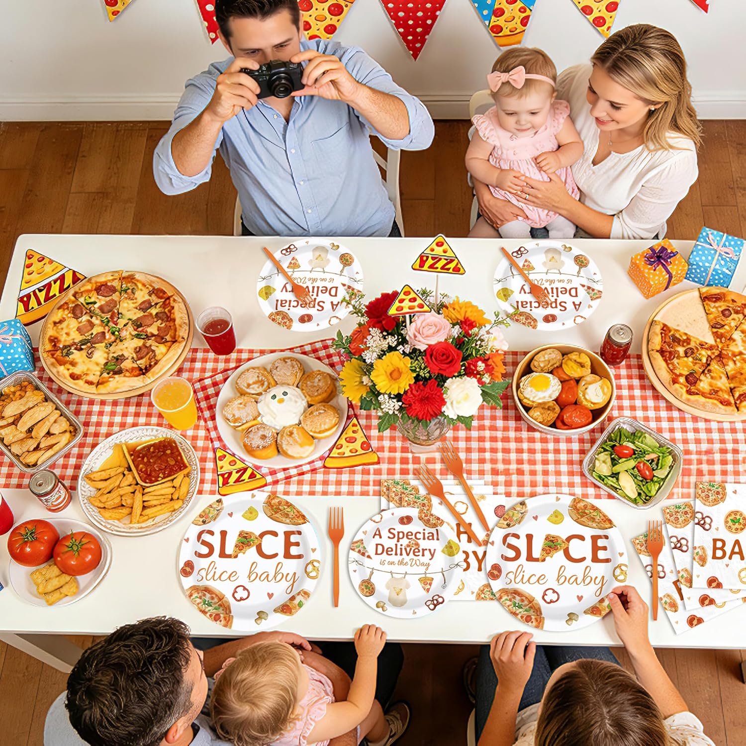 96Pcs Pizza Baby Shower Party Supplies Slice Slice Baby Plates and Napkins Disposable Fast Food Pizza Tableware Set for Boys or Girls Funny Pizzeria Baby Shower Birthday Party Decorations Serves 24