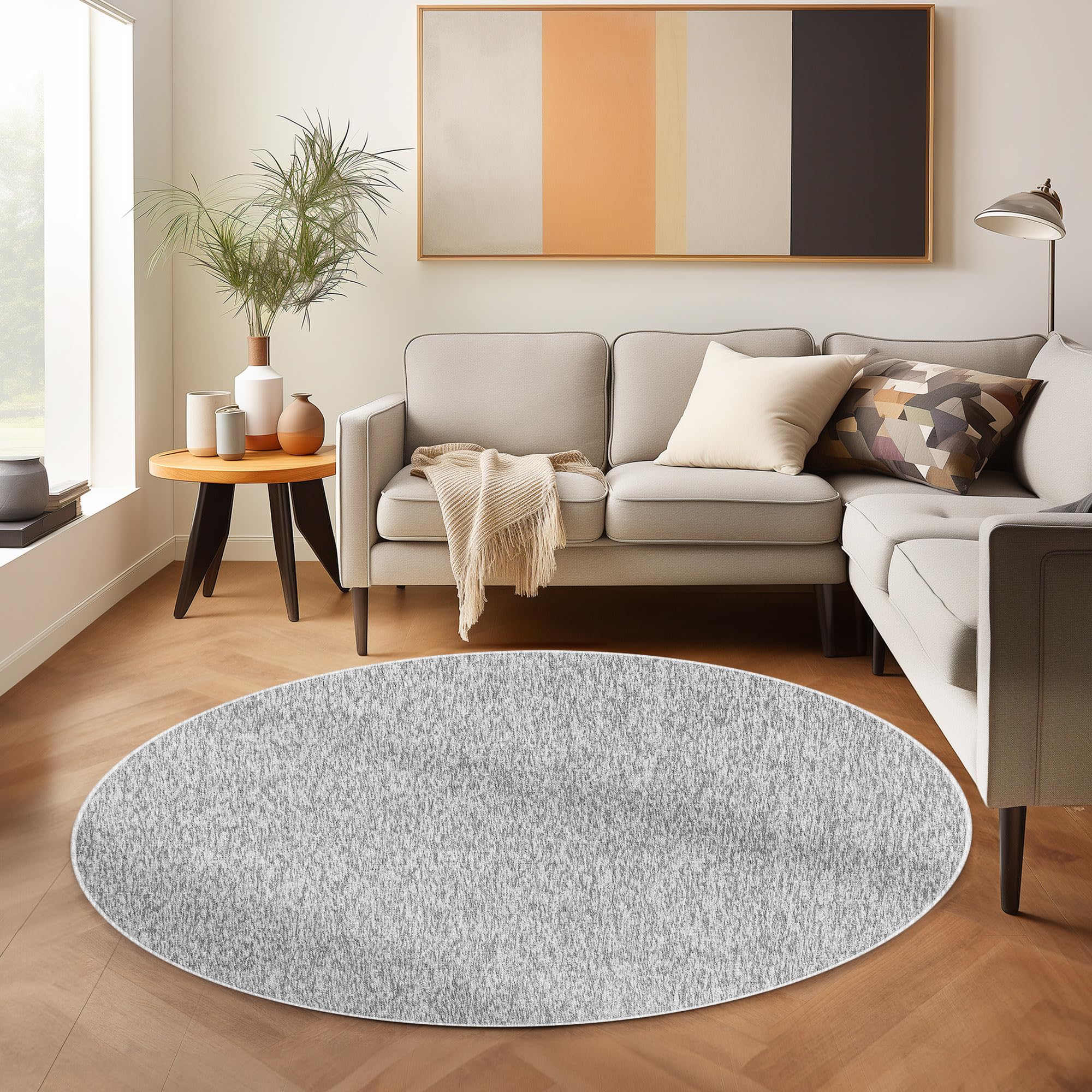 SIMPEX Alfombras de Pelo Corto, Unicolor - Monocromo, Alfombra Gris, 120 cm Redonda, Alfombras de Estilo Moderno, Alfombra Sala de Estar