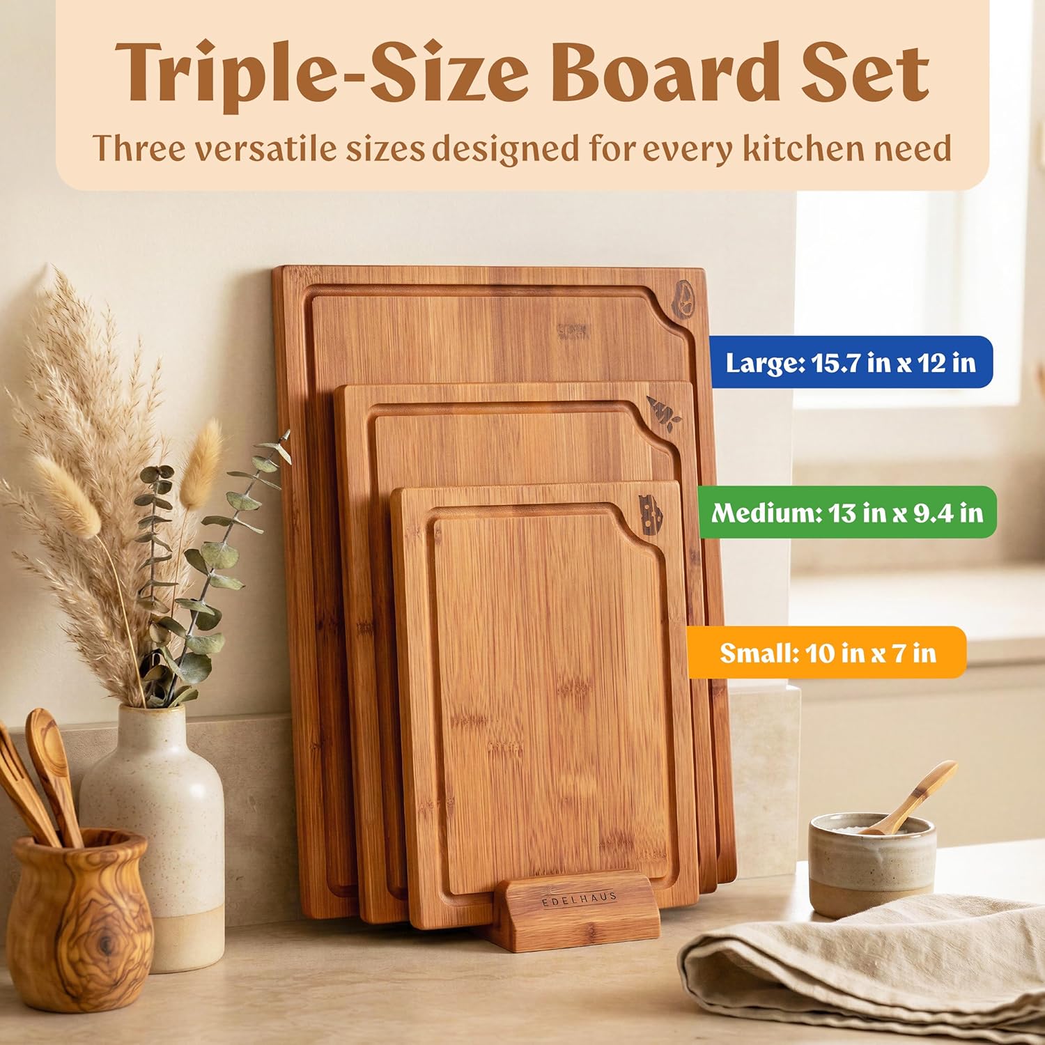 EDELHAUS Carbonized Bamboo Cutting Boards – Cutting Board Set of 3 Heat Treated for Rich Color & Lower Moisture Absorption, Chopping Boards with Juice Groove, Non-Toxic, FSC Certified incl. Stand