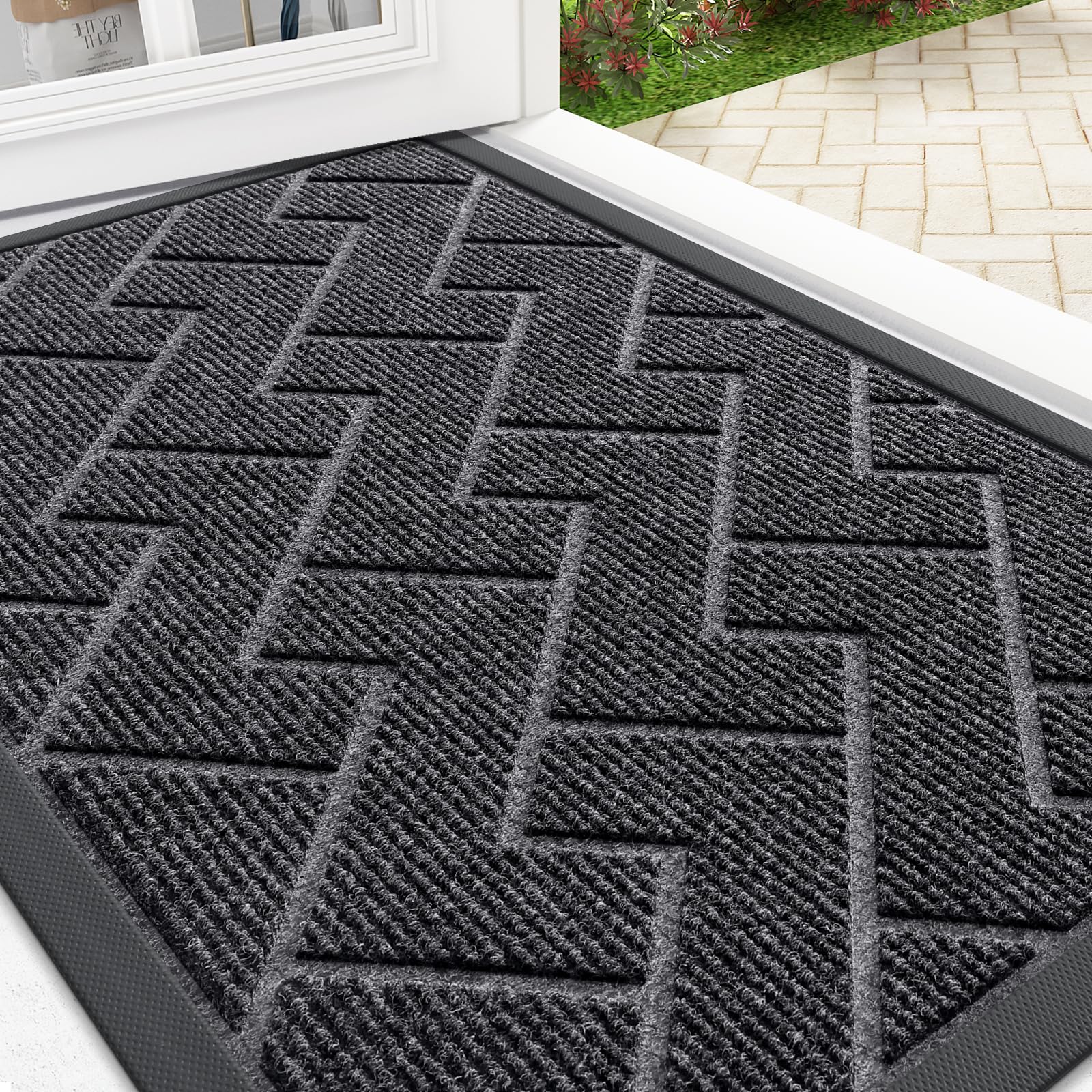 OLANLY Front Door Mat Outside 29.5x17, All-Season Absorbent Rubber Doormat | Grey, Heavy-Duty, Stain and Fade Resistant, Waterproof Non-Slip Backing, Low-Profile Indoor Outdoor Floor Mat for Entryway