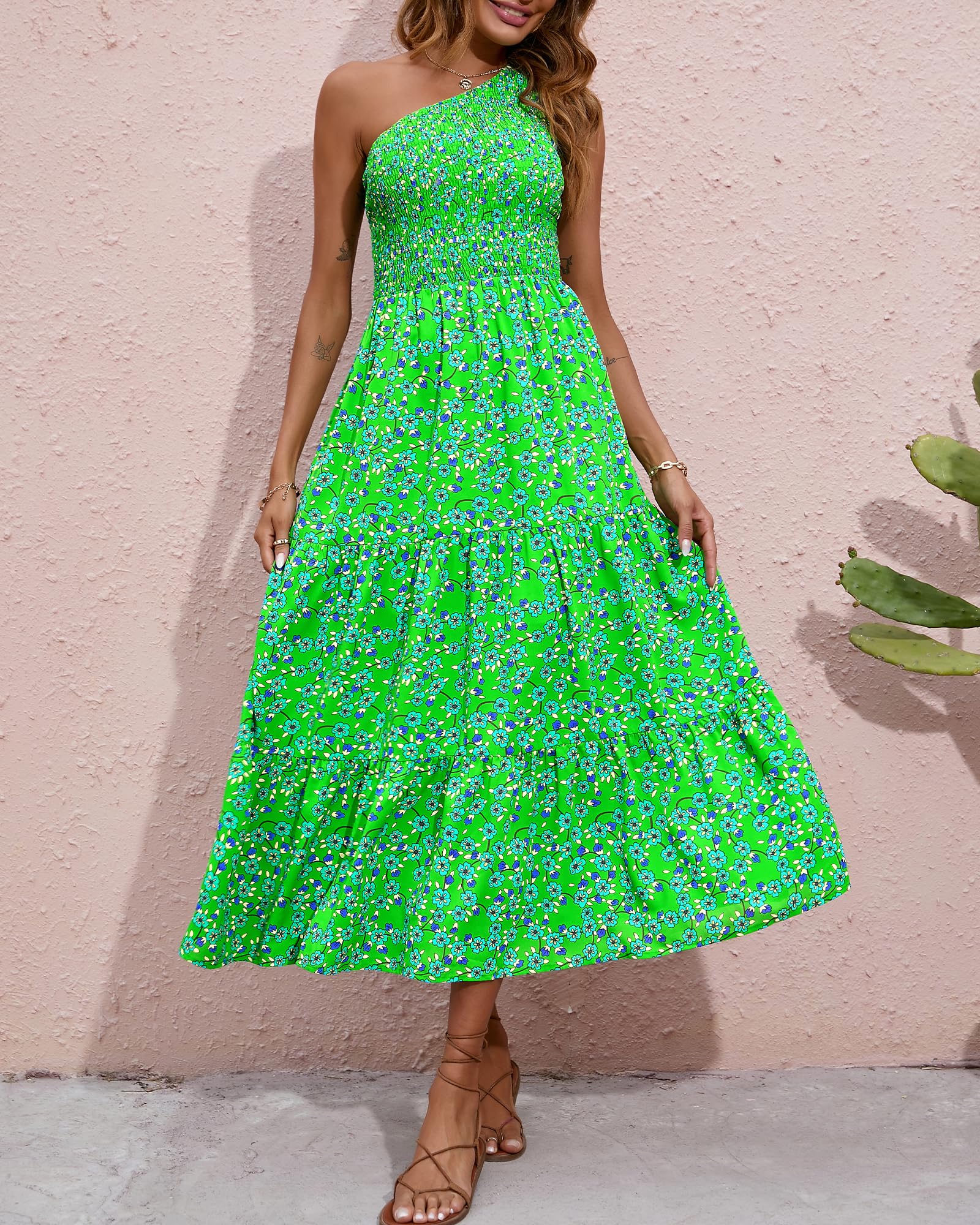 BTFBM 2025 Summer One Shoulder Dresses for Women Casual Sleeveless High Waist Floral Flowy Smocked Boho Beach Maxi Dress