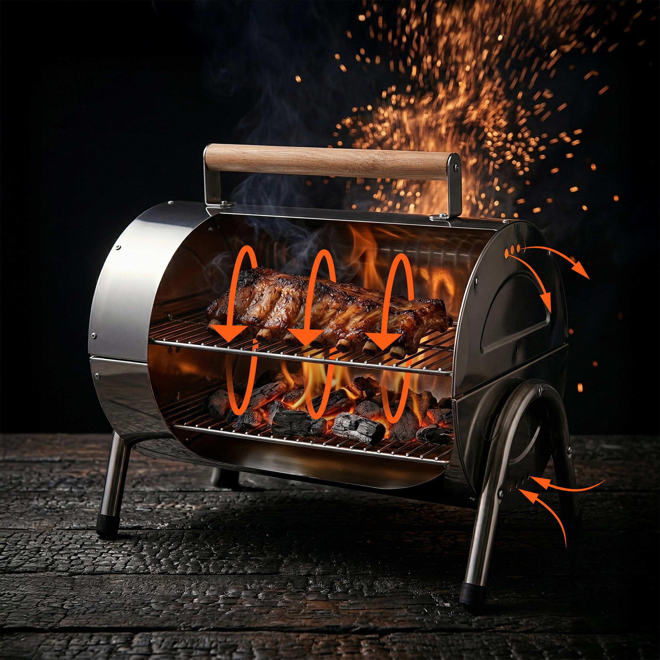 Relaxdays Barbecue de table 2 grilles 34 x 21,5 cm, argent | camping & outdoor, pliable et fumoir, poignée bois, inox