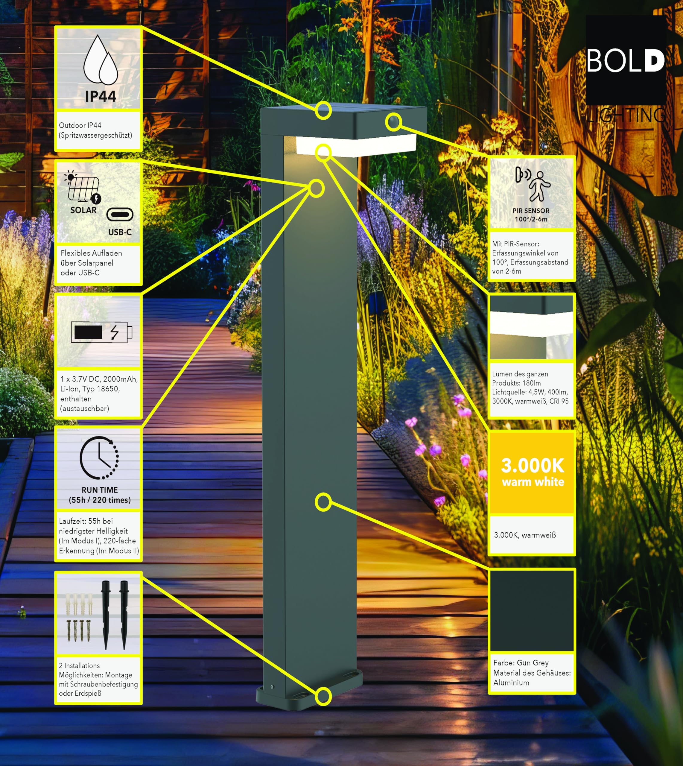 BOLD 2x LED Solar-Wegeleuchten mit PIR Bewegungssensor - Gun Grey | IP44 Solarlampen Set - 3000K Warmweiß - 180 lm Gartenleuchten - Erdspieß o. Schrauben - USB-C & Solar Ladung - 2000 mAh
