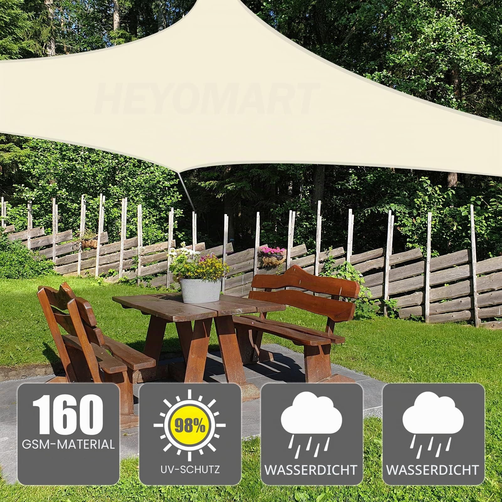 Sonnensegel Sonnenschutz inkl Befestigungsseile PES Polyester Wasserdicht 3 x 3m Quadrat Sonnensegel mit 98% UV Schutz für Draußen, Patio, Garten Terrasse Camping, Creme