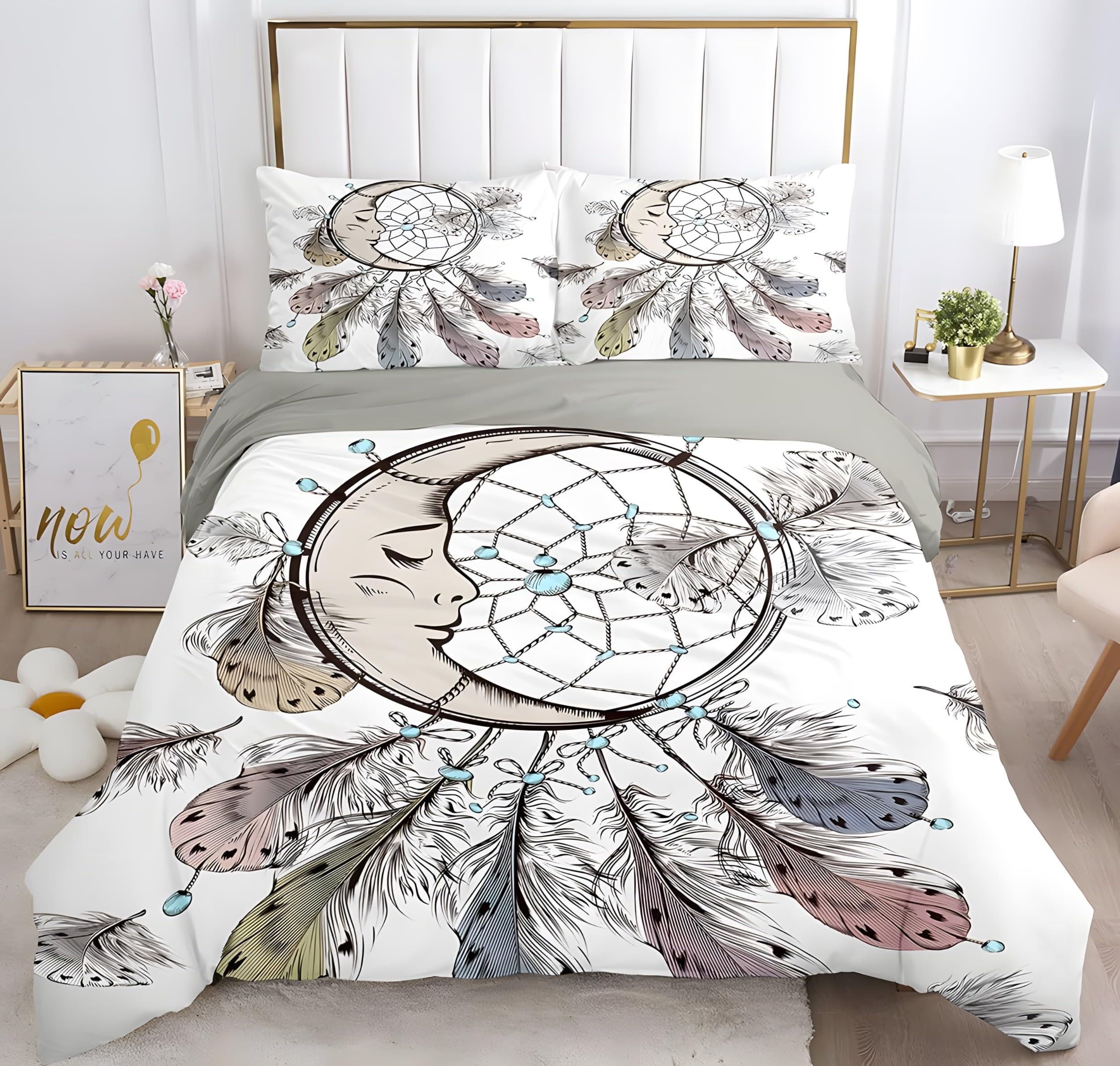 YZQGLHP Dreamcatcher Super King Duvet Cover Abstract Moon Bedding Set Soft Cozy Microfibre Duvet Covers 260x220 with Zipper Closure and 2 Pillowcases 50x75cm