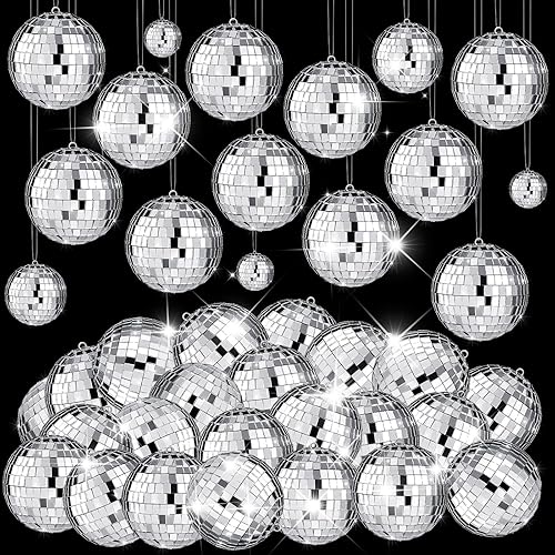 MTLEE 20 adornos decorativos de bola de discoteca para colgar, mini bola de discoteca con cuerda para decoración de tarta, diferentes tamaños,