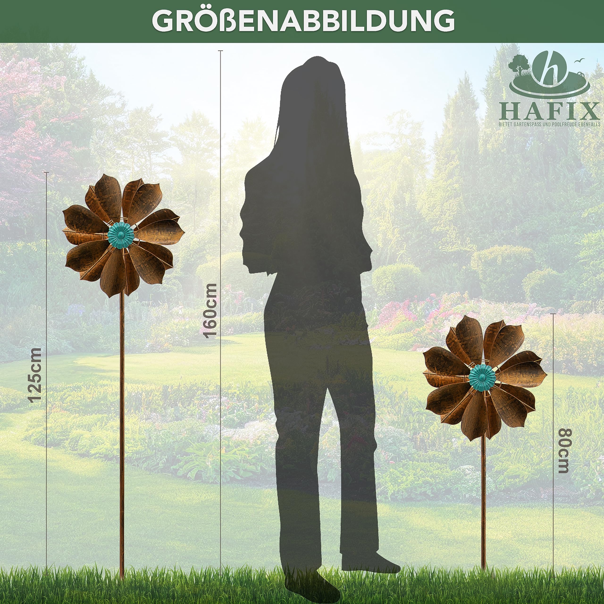 Windrad Windnarzisse Ø 38 cm, 125 cm hoch, Metall, türkis-Kupfer | Wetterfestes 3D-Windspiel aus pulverbeschichtetem Metall mit Erdspieß, 360° drehbarem Kopf und Höhenverstellung.