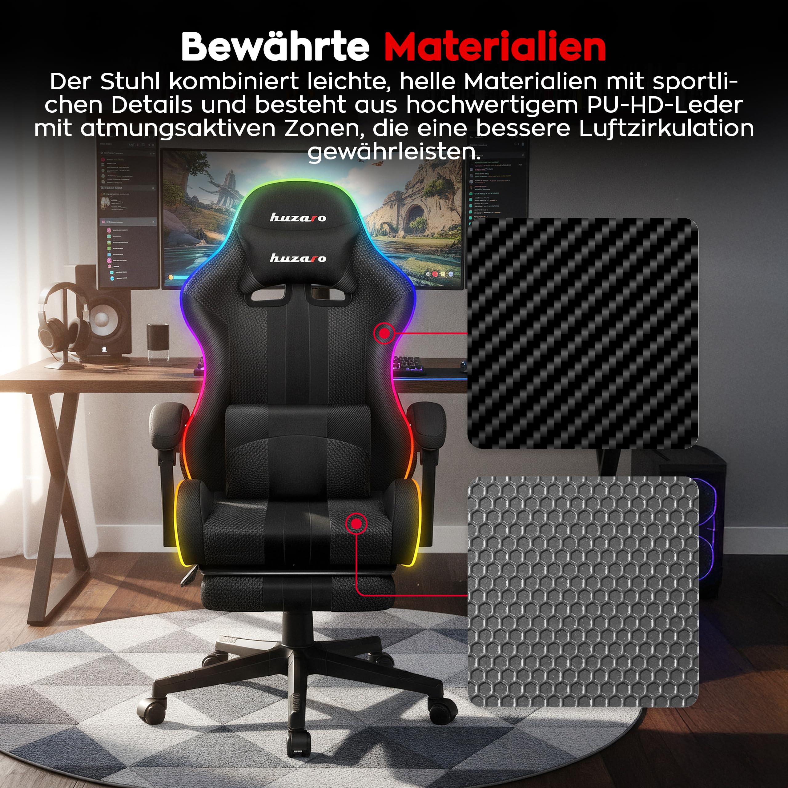 huzaro Force 4.7 RGB Gaming Stuhl - Ergonomischer Bürostuhl & PC Stuhl | Schreibtischstuhl für Gamer - Bis 150 kg belastbar - Mit ausziehbarer Fußstütze & Lendenkissen - Stoff Mesh - Schwarz