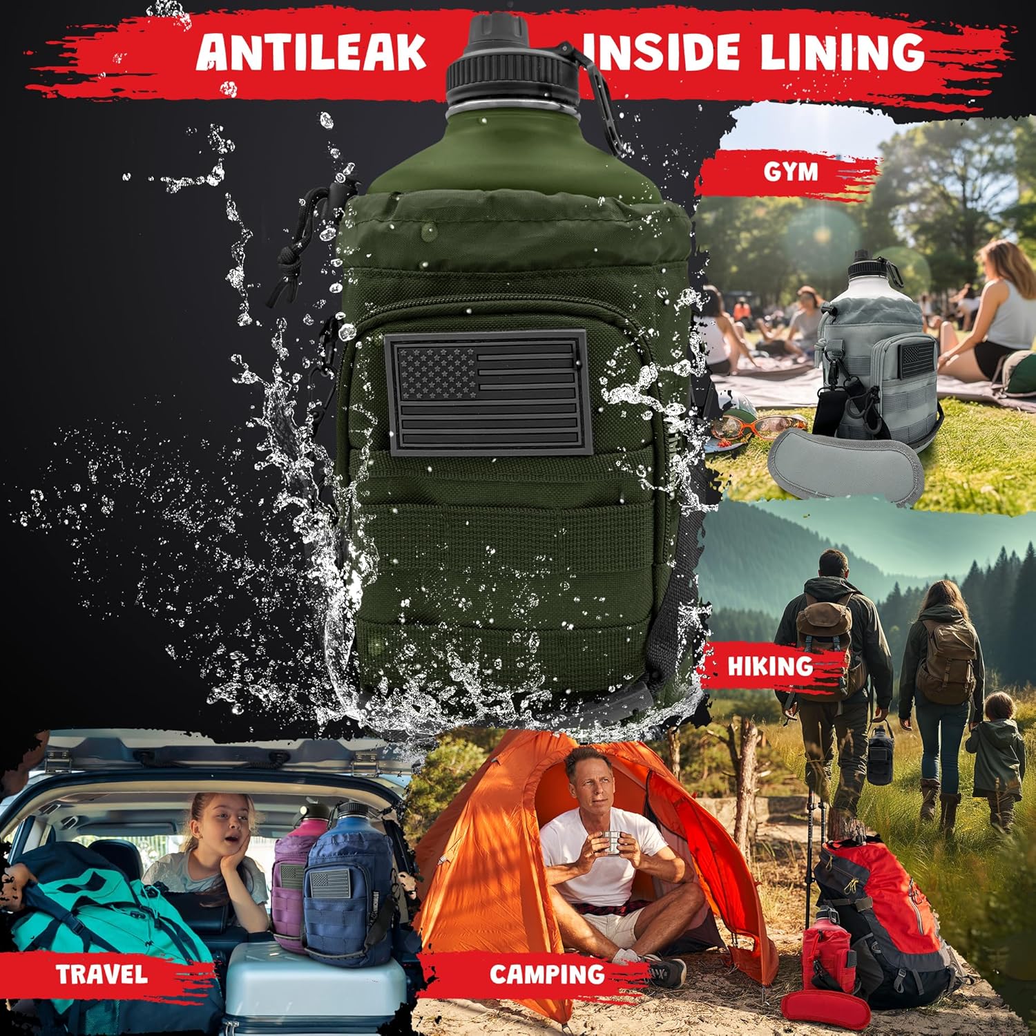 1 Gallon Water Jug - Insulated Stainless Steel Water Bottle with Carry Bag & Straw Lids - 128 Oz Large Capacity, Keep Cold & Hot, Green Tactical Design - Image 6