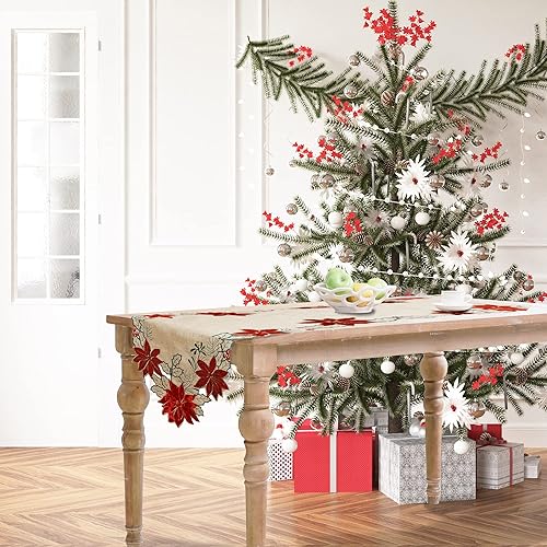 Miniatura 7 de OWENIE Camino de mesa de Navidad de 90 pulgadas de largo, camino de mesa bordado de flor de pascua roja para decoraciones de Navidad, tela
