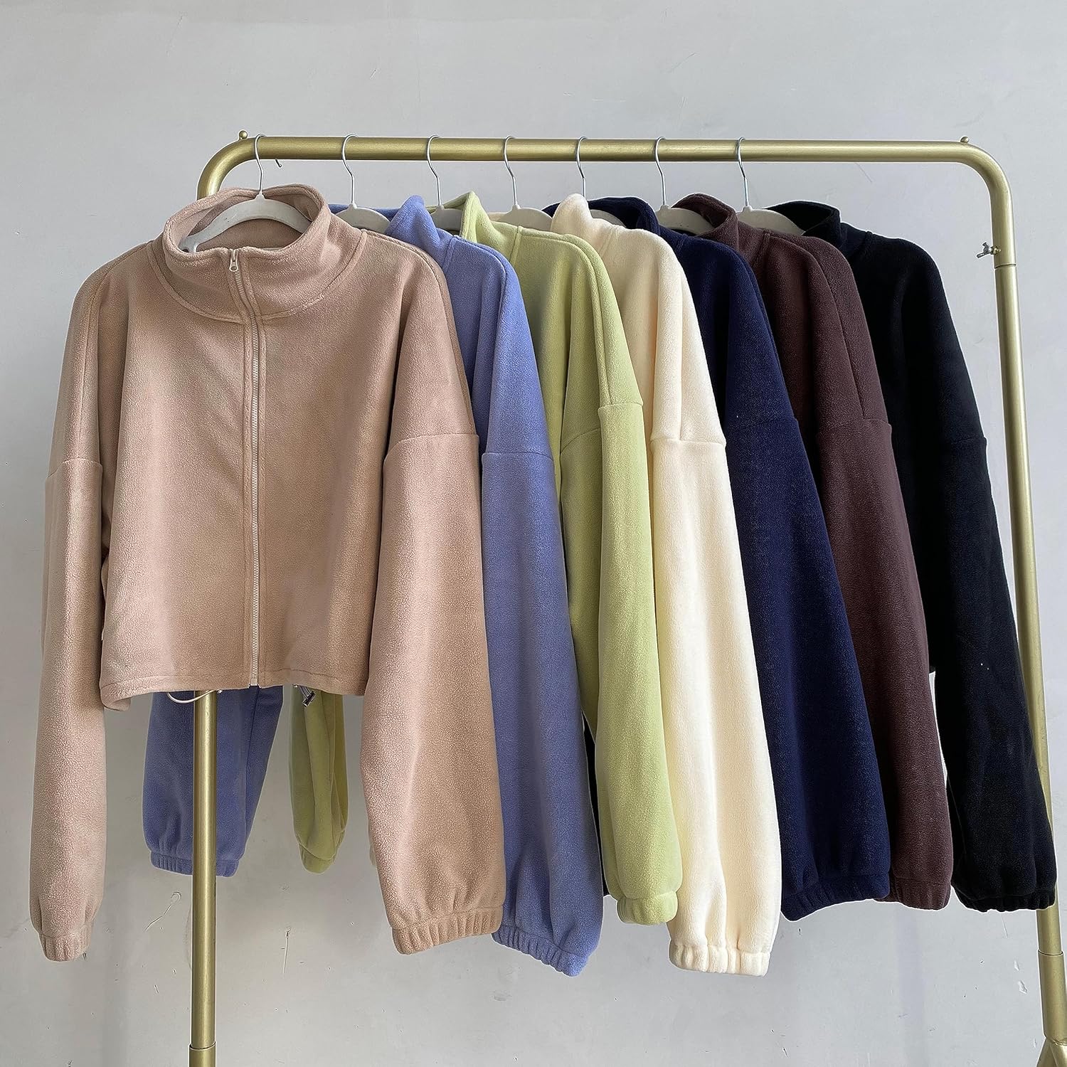 Halemet Polar Fleece Jackets for Women Full Zip Oversized Sherpa Crop Coat Lightweight Stand Collar Drawstring Sweatshirts - Image 6