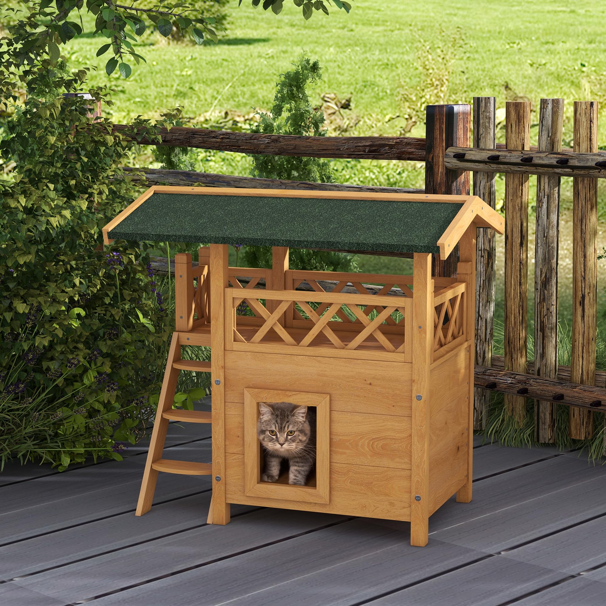 PawHut Casa para Gatos de Madera 77x50x73 cm de 2 Niveles con Techo Asfáltico, Escalera y Balcón para Exterior Natural