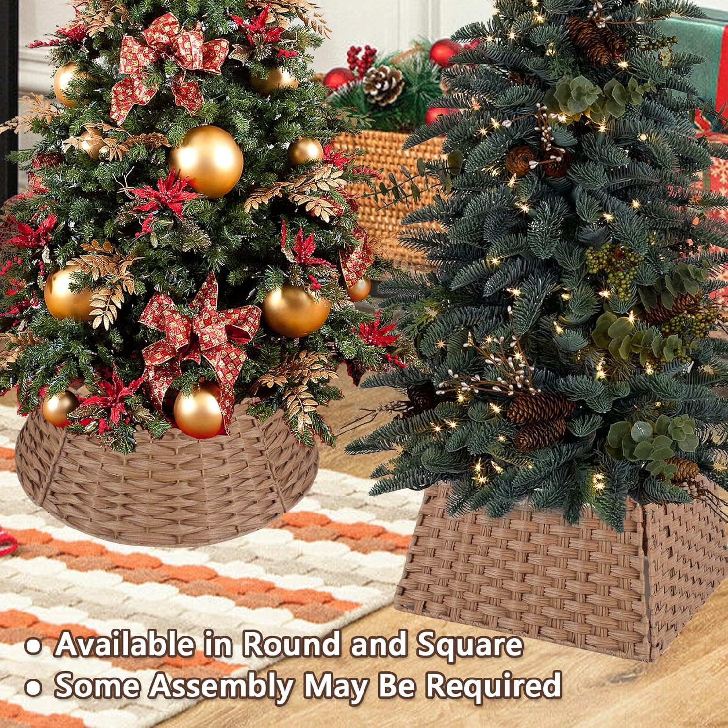 Rattan Christmas Tree Collar, 24in Tree Collar Round Handwoven Disassemble, Light Brown Christmas Tree Collars Wicker Rustic Metal Frame Decoration