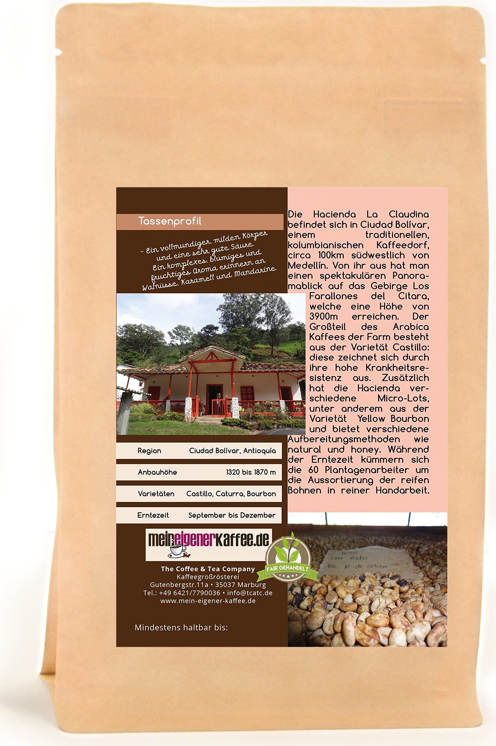 Kaffee Globetrotter - Kaffee Mit Herz - Colombia Hacienda La Claudina - 2 x 1000 g Grob Gemahlen - für Kaffee-Vollautomat, Kaffeemühle - Röstkaffee Fair Gehandelt | Nachfüllpack Sparpack