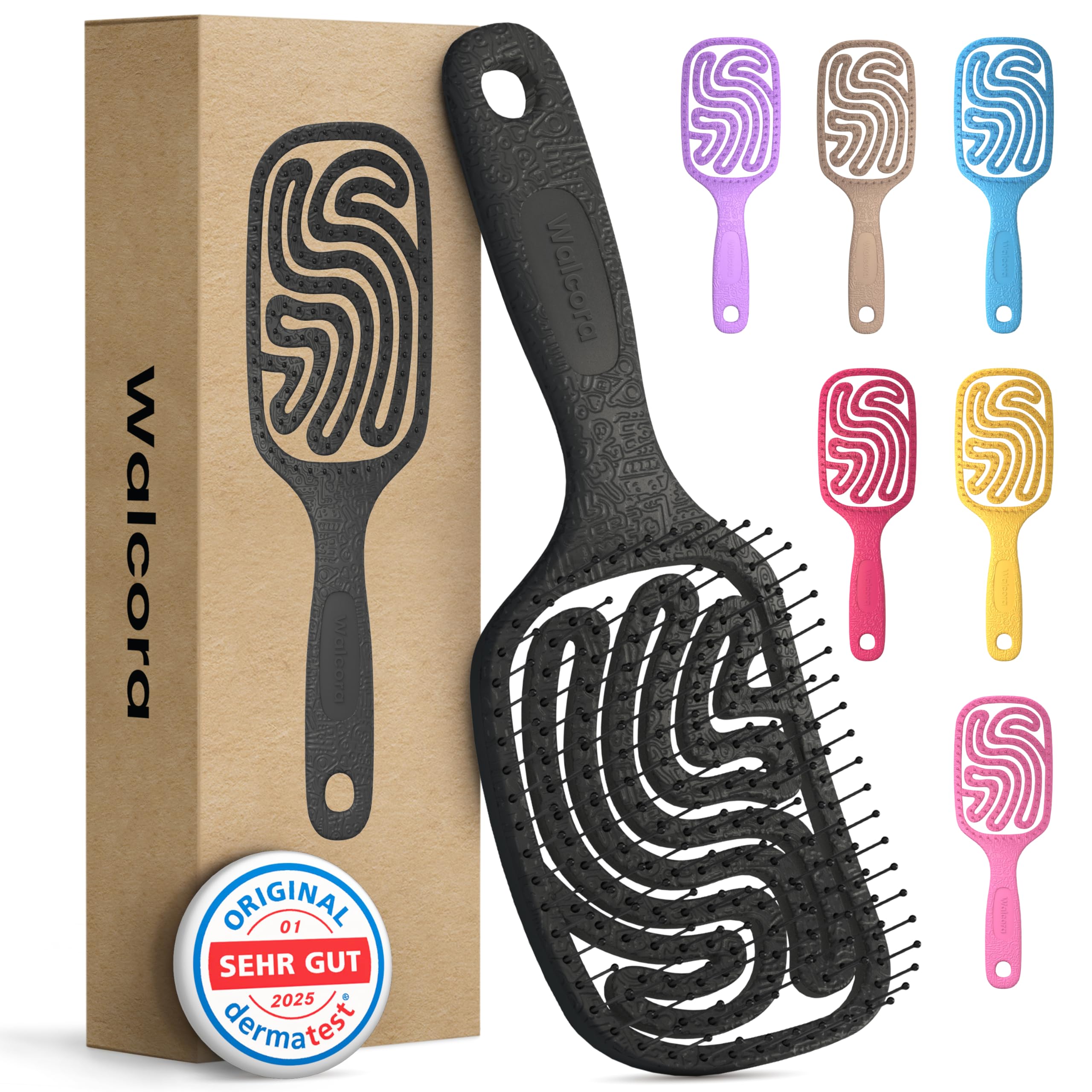Walcora Haarbürste ohne Ziepen – NEUHEIT 2026 – Entwirrbürste & Detangler Bürste für Damen, Herren & Kinder, für Locken, nasse, feine & lange Haare, Hair Brush - Schwarz