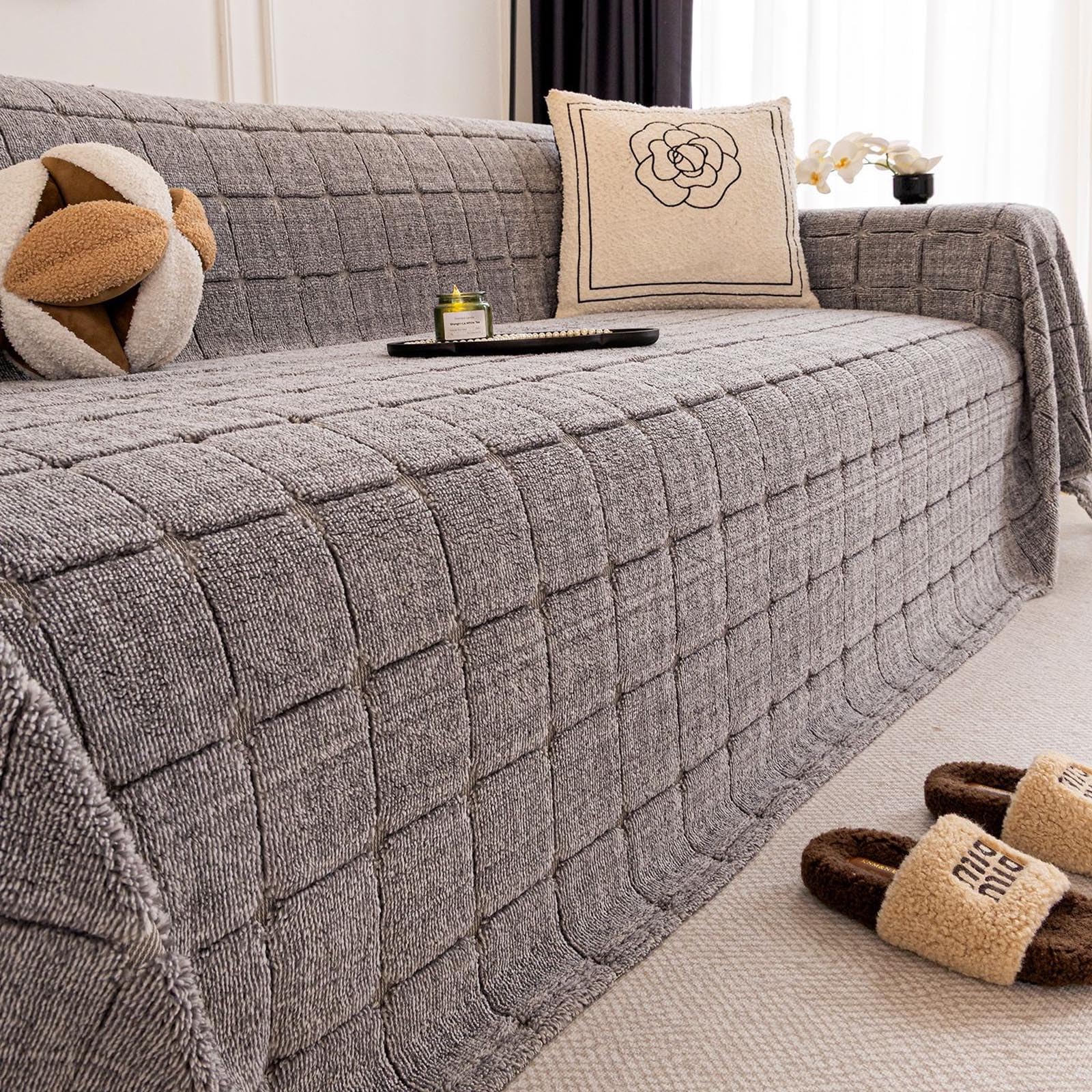 Jetez de canapé en velours de coton gris clair 180x150 cm pour salon