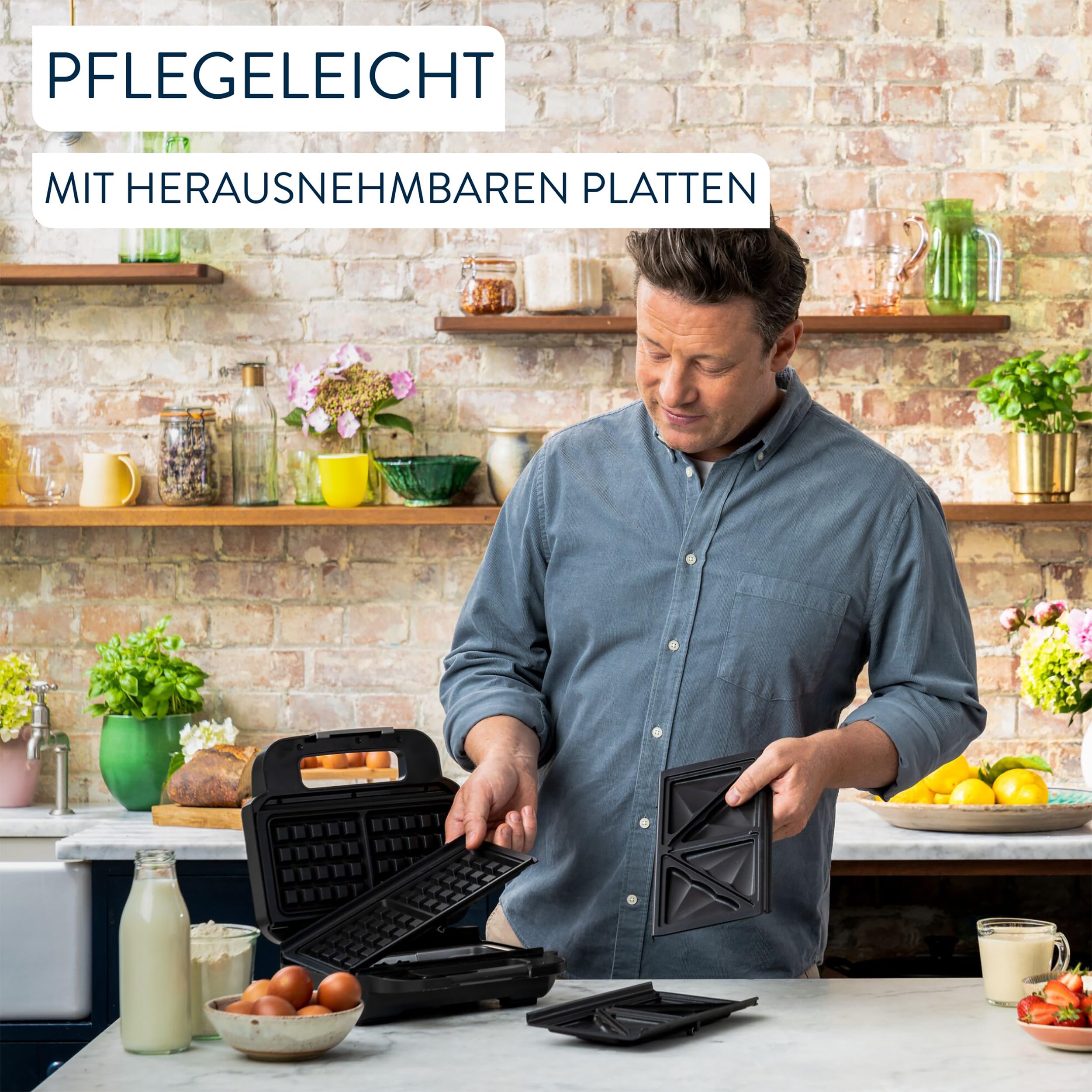 Tefal Jamie Oliver 2-in-1 Sandwich-Waffel-Kombigerät, Antihaftbeschichtete Platten, spülmaschinengeeignet, Betriebs- und Temperaturkontrollleuchte, Kabelaufwicklung, Edelstahl/Schwarz, SW70J810