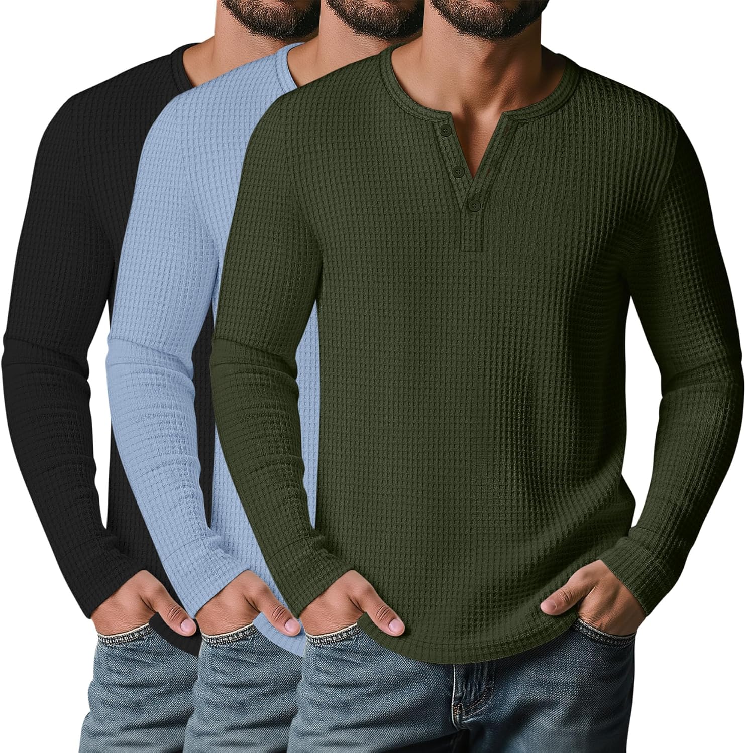 Velvelhall 3 Pack Men’s Waffle Henley Shirts, Long Sleeve Button Tops Casual Basic T-Shirts Lightweight Knit Pullover