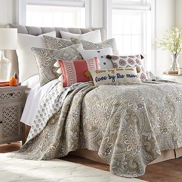 Levtex Home - Kassandra Quilt Set - King Quilt 106x92in.+ Two King Pillow Shams 26x20in.- Medallion - Taupe, Beige, Cream, Teal, Red and Green - Reversible - Cotton Fabric