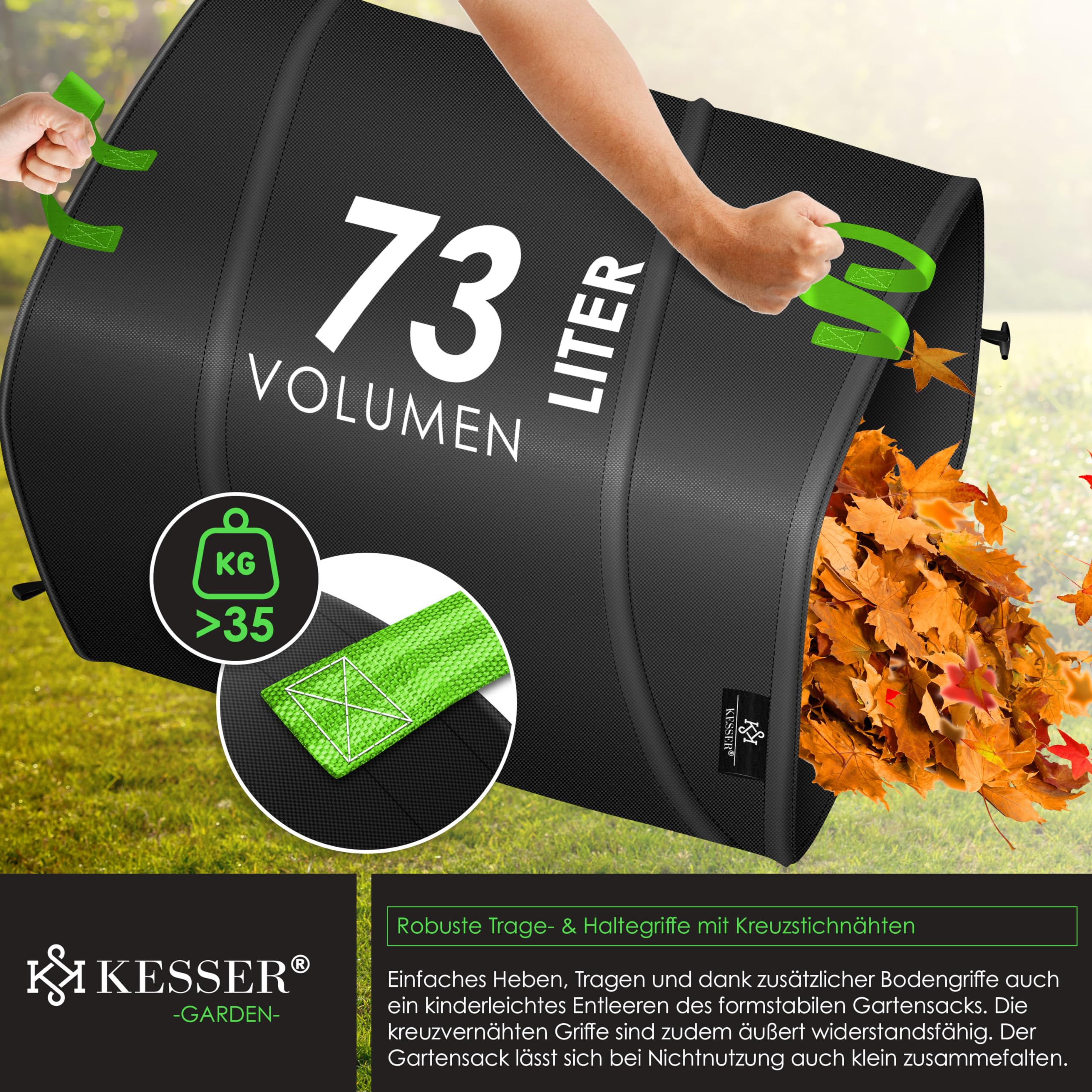 KESSER® Set di Sacchi da Giardino Pop-up - 4x 73 Litri, Sacco per Rifiuti da Giardino con Guanti, Autoportante con Maniglie, Robusto, Robusto e Richiudibile, Nero/Verde Chiaro