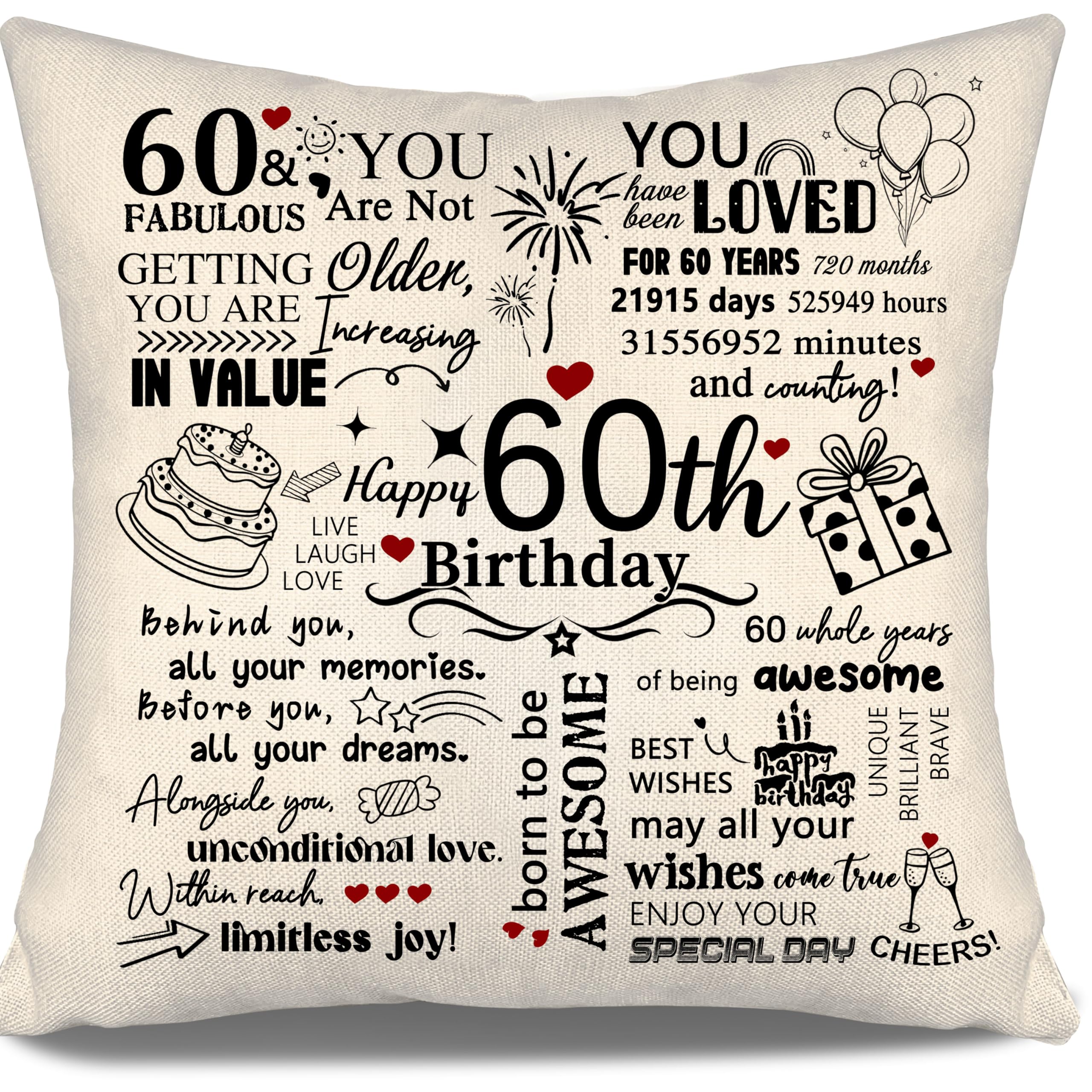60th Birthday Gift Cushion Cover for Mum Dad Auntie Uncle Grandma Grandad Sister Friend Cousin Colleague Wife Husband 60 Years Old Women Men Gift Inspirational Cushion Cover Happy Birthday(60)