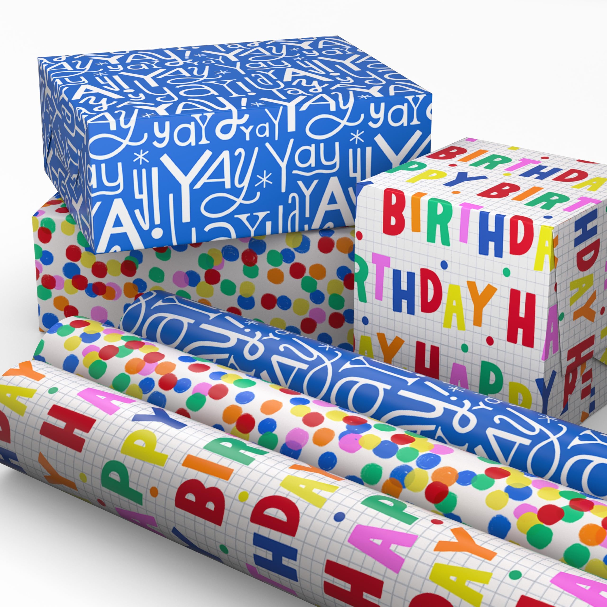 Birthday Wrapping Paper Mini Rolls, 3-Pack (Rainbow Polka Dots and Lettering, Blue and White Yay) for Kids Parties, Graduations, Celebrations, Any Occasion - 60 Sq. Ft. Total