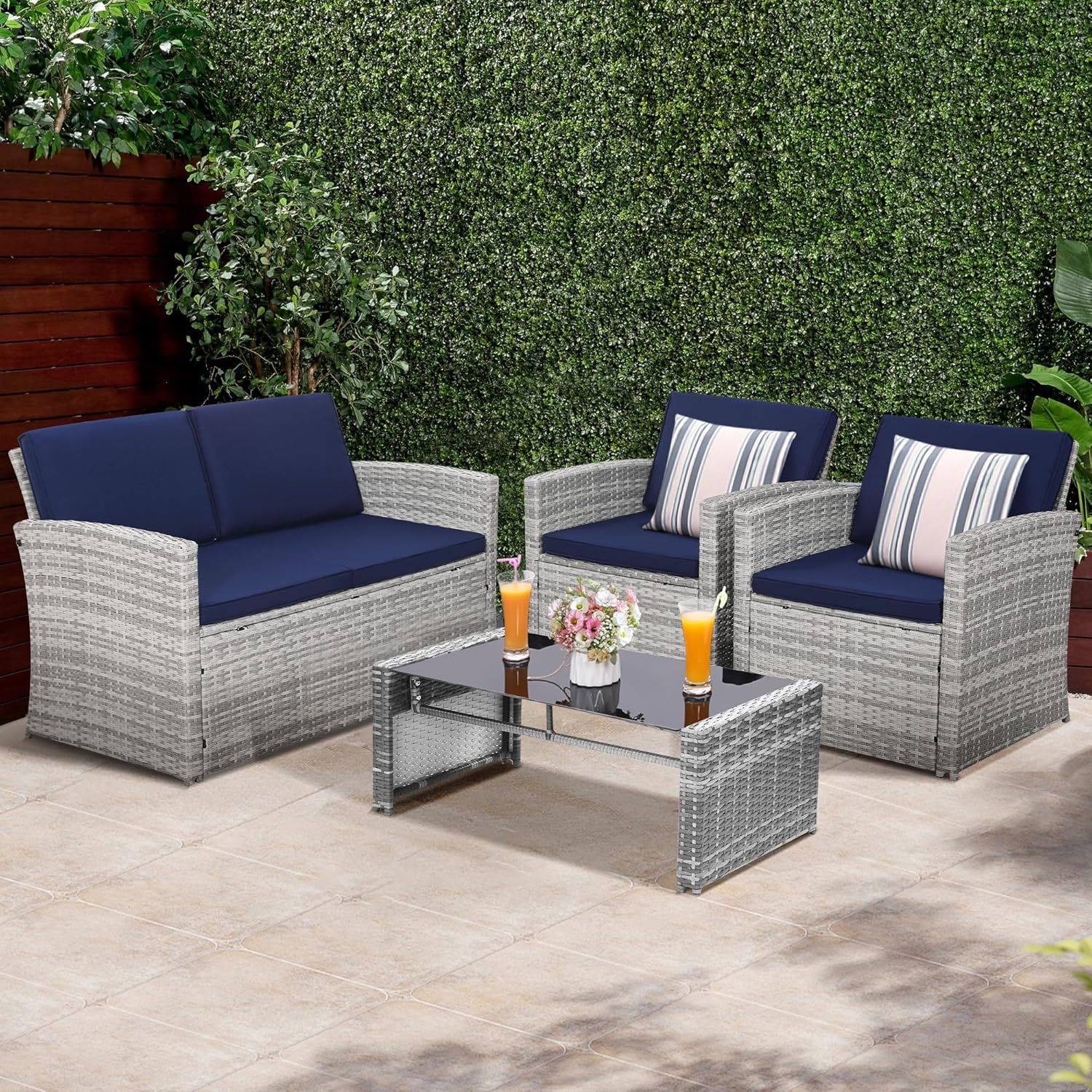 KROFEM 4-Piece Patio Furniture Set, Wicker Outdoor Rattan Sectional Sofa with Cushions and Glass Table, All-Weather Outdoor Conversation Set, Ideal for Garden, Porch, Backyard, Navy