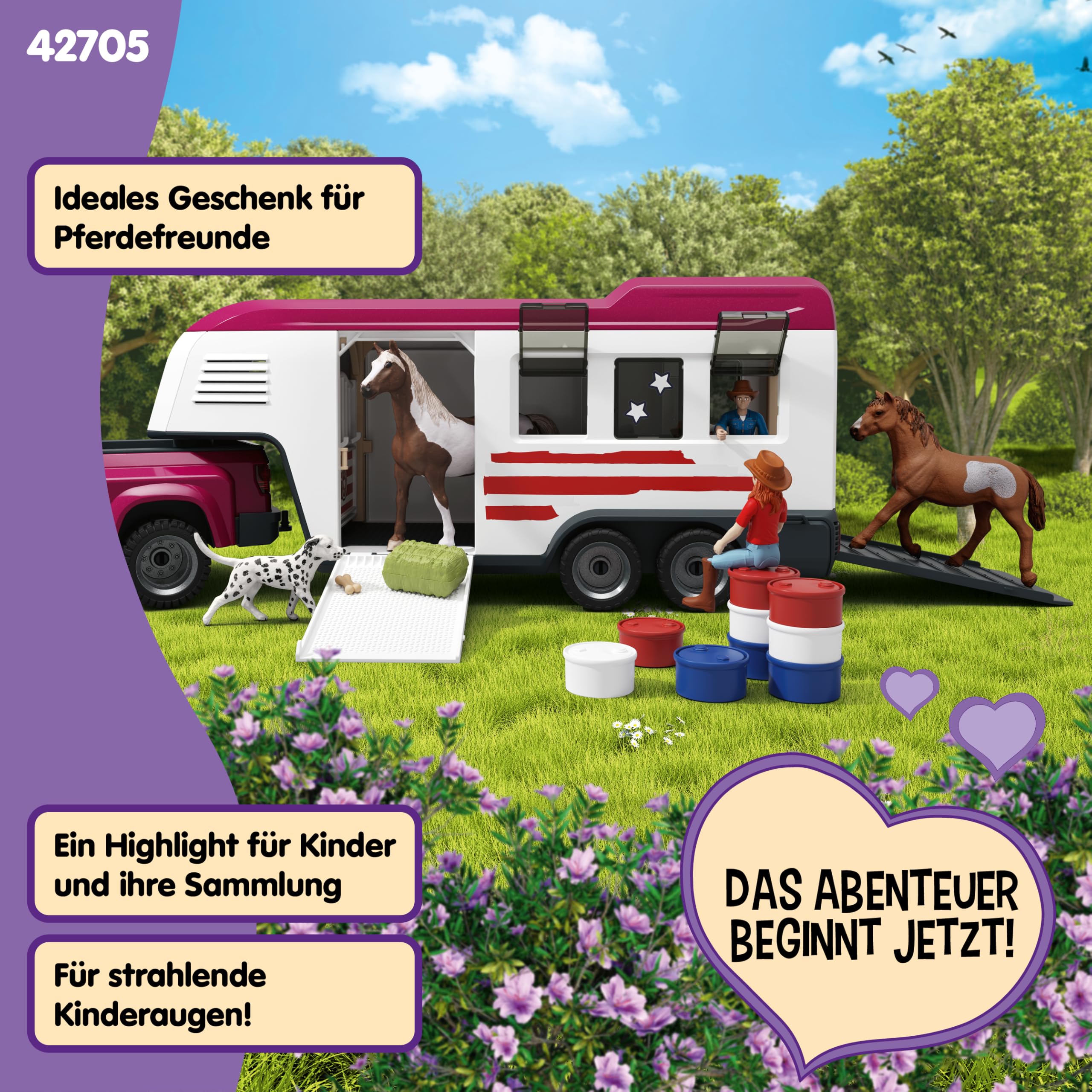 schleich Horse Club | Lakeside Truck mit Anhänger 42705 | 119-teiliges Set | Set inkl. Truck, Pferdeanhänger, Pferdebox, Hannah, 2 Pferde, Hund & Zubehör | Pferdespielzeug & Geschenk ab 5 Jahren