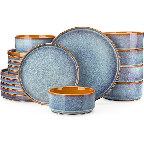 vancasso ONION Ceramic Plates and Bowls Sets, 18 Pieces Blue Dinnerware Sets for Kitchen, Reactive Glaze Dishes Set for 6, Dishwasher and Microwave Safe