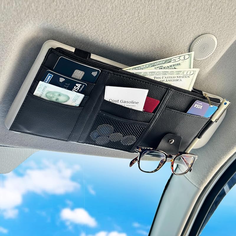 Car Sun Visor Organizer (Black) | Multi-Pocket Net Zipper Case | Store Cash, Card, Pen & Sunglass | Visor Organizer Storage Pouch | Interior Accessories with Pocket for Car & Truck | Small